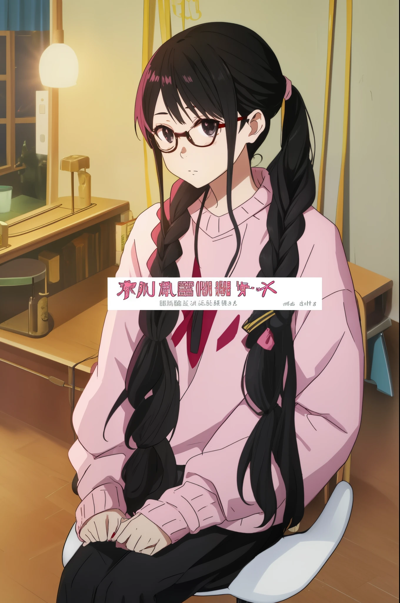 High school girl with long black hair and glasses sitting on a chair, Pink sweatshirt, black stockings, Hair is particularly long, long braids, 及腰long hair, 齐肩long hair, Girl with extra long hair, Long straight hair, long hair女孩, long hair, Long black hair tied into a ponytail, long ponytail, Shoulder straight, very long black hair, long hair直垂下来， black eyes，There is no text