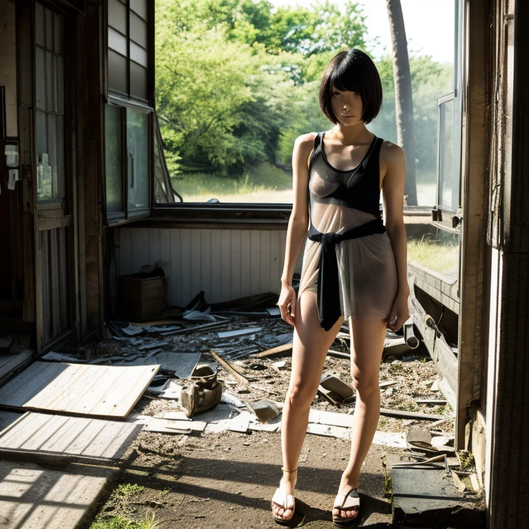 A Japanese Lady, look at viewr, ((very Short hair)), (((skinny:1.3)), 27-years old . day, Outdoors, Post-apocalypse, Ruins, ((see-through tank top)), full body, naked,