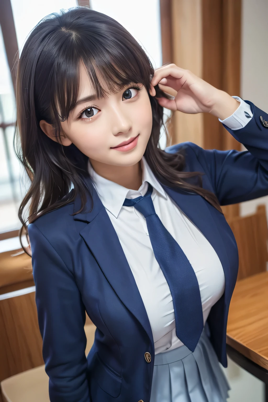 8K, highest quality, real image, intricate details, Super detailed, ultra high resolution, depth field,(realistic,realistic:1.2),table top , frontal shot , From the middle , 1 girl, eye_Chan, very beautiful 17 year old girl, innocent big eyes,、beautiful breasts:1.5、非常に詳細なeye:1.2)、(beautiful breasts:1.1)、wavy hair、curly hair、bangs、, perfect skin, Fair skin, huge breasts, He puts his left hand on his chest over his clothes...、anxious look、cleavage, tight waist, light blush, alone, looking at the viewer, light smile, ((School_uniform),(dark blue blazer), (white shirt、Wearing a tie), (gray pleated skirt), (sculpture installation :1.1)
