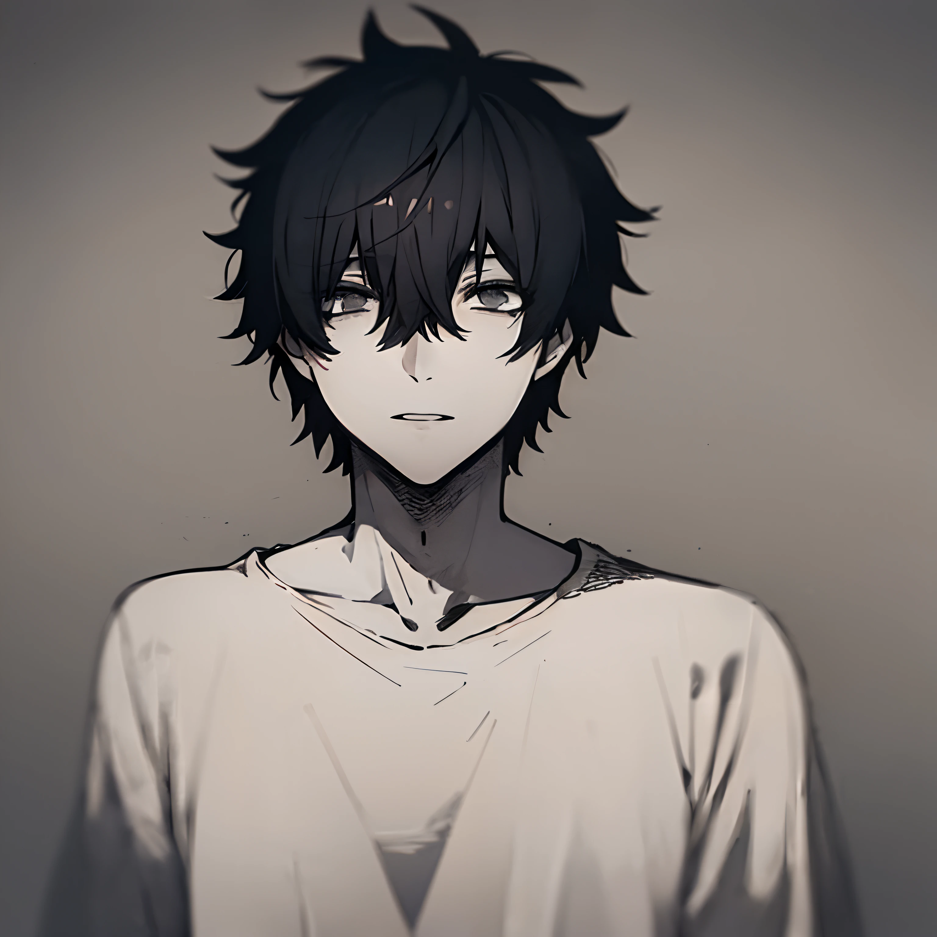(1 cara:1.3) (in depression+fobia social+esquizofrenia:1.1), (Uma cor:1.2), sombras por toda parte, retrato, cabelo curto, (arrogante:1.4), olhar nublado, cor preta no fundo, camiseta,