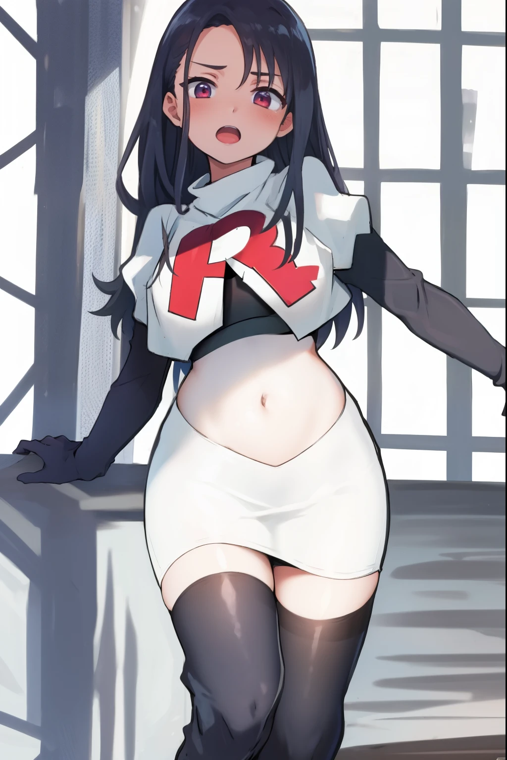 absurdres,masterpiece, best quality, highres, high quality, 1girl, chubby,fat,team rocket,team rocket uniform,white skirt,red letter R,crop top,black thigh-highs,black elbow gloves,