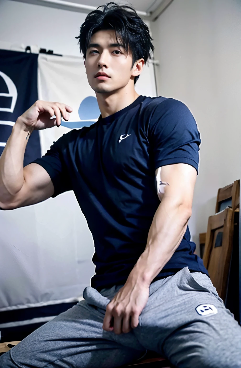 1 handsome Japanese guy,28 years old,一个穿着blue衬衫和短裤的男人, navy blue, navy blue, Sports T-shirt, blue, sportswear, 富丽堂皇的深blue衣服,, short sleeves, 金锦深blue衣服, Tennis wear, 穿着sportswear, 深blue装饰服装,male,male,High,Muscles look good,hairy body,Wheat complexion,black eyes(thin eyes 1:3),whole body image