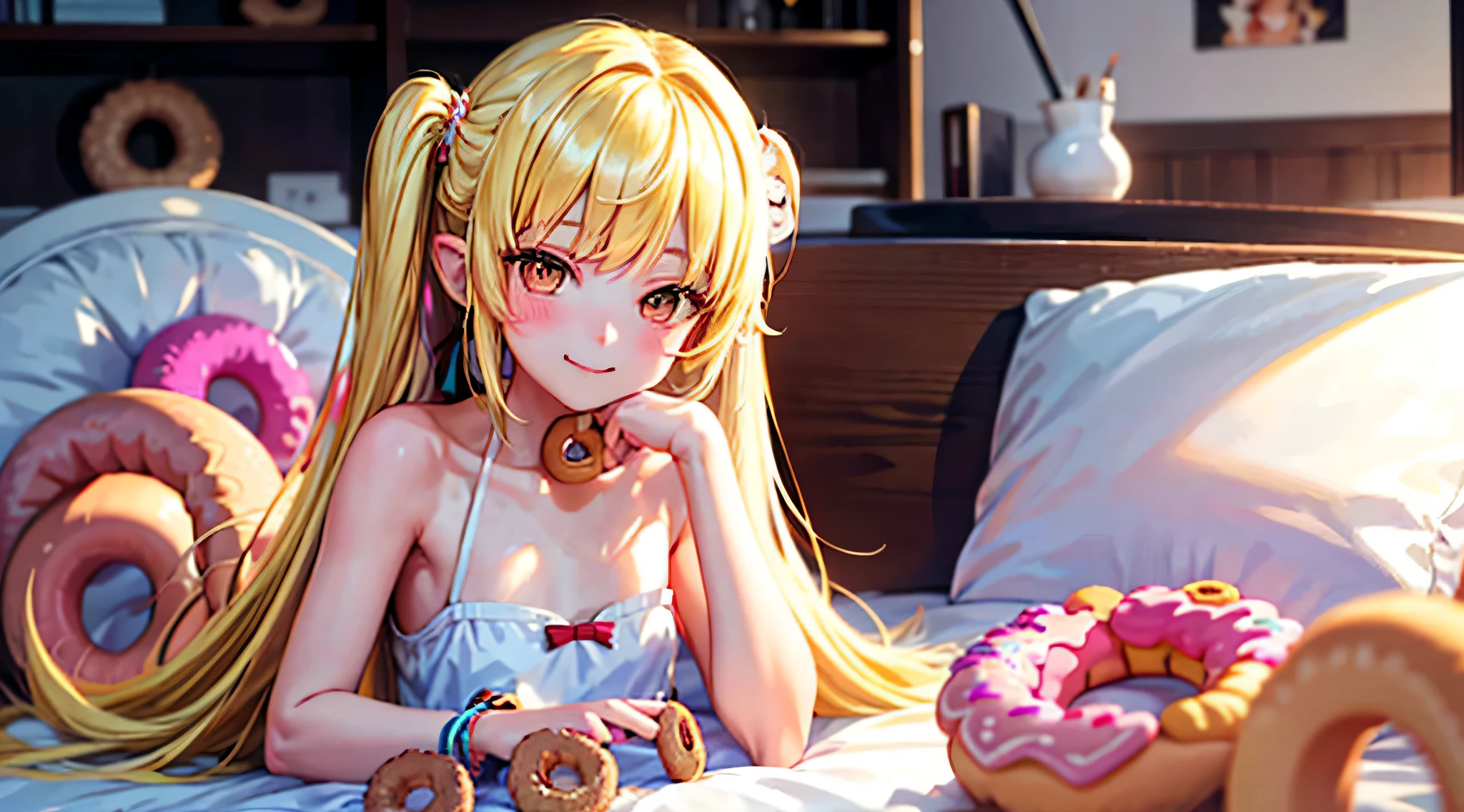 best image quality、detailed description、high quality、pretty girl、Shinobu Young, masterpiece, 最high quality, 1 girl, blonde hair, alone, close, smile, brush sticker, clavicle, pillow, (donut:1.2), stuffed toy, on the bed, closed mouth, teeth, (Chin rest:1.5), (white dress:1.1)