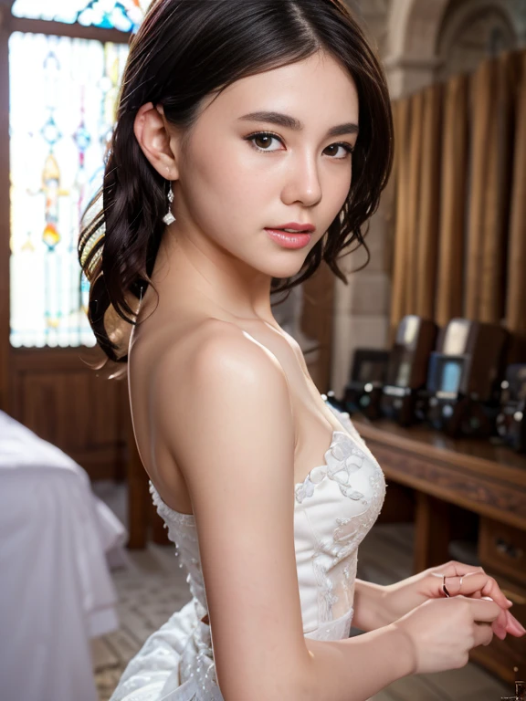 Highly detailed CG Unity 8k wallpaper, top quality, super detailed, masterpiece, realistic, photorealistic, very detailed cute girl, (25 years old), blush, round eyes, semi-body shot, white wedding dress, (curtsey), small breast