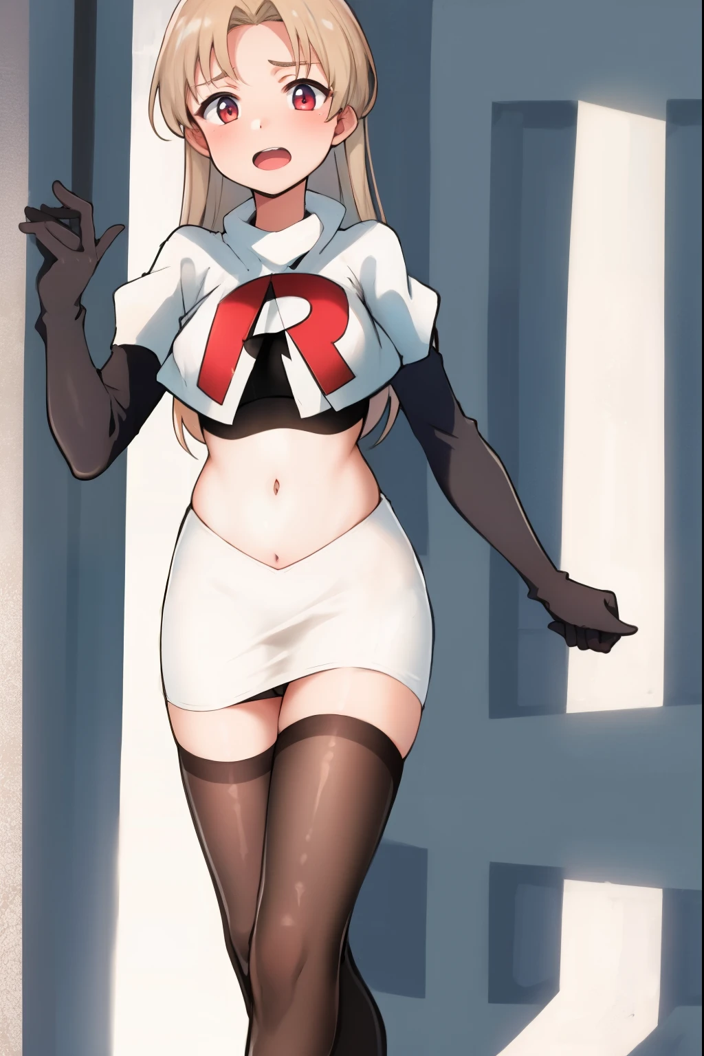 absurdres,masterpiece, best quality, highres, high quality, 1girl, chubby,fat,team rocket,team rocket uniform,white skirt,red letter R,crop top,black thigh-highs,black elbow gloves,