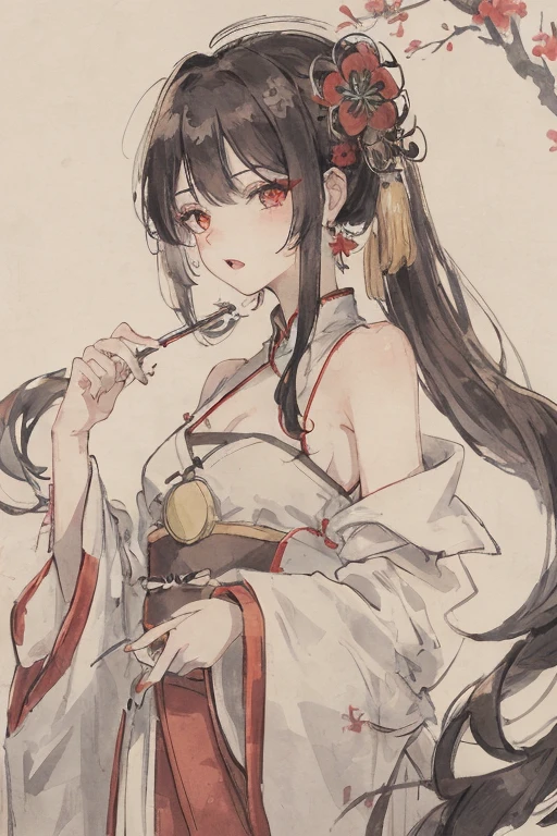 ((4k,masterpiece,best quality)), shuimobysim, Chinese painting, lotus, hanfu, maxiskit, dressed conservative 1 girl, solo, white hair, long hair, fox ears, white, bikini, fish, many fish close to the girl, looking at the audience, teasing