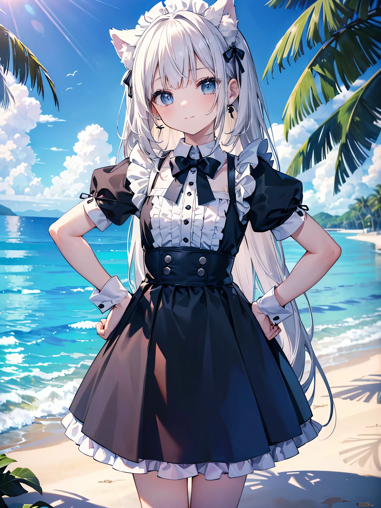 ((masterpiece、4K、8K、highest quality: 1.perfect fingers: 1.perfect anatomy: 1.3、background blur))、((Super precise expression))、((white ruffles、super mini skirt、Separate black maid))、((14 years old、thin、small face、dog ears、super beautiful girl、straight long hair))、beautiful eyes：1.1、smile、barefoot、（Pose with hands on hips）、blue sky、mansion by the sea、Poolside、white sand beach、grass、
