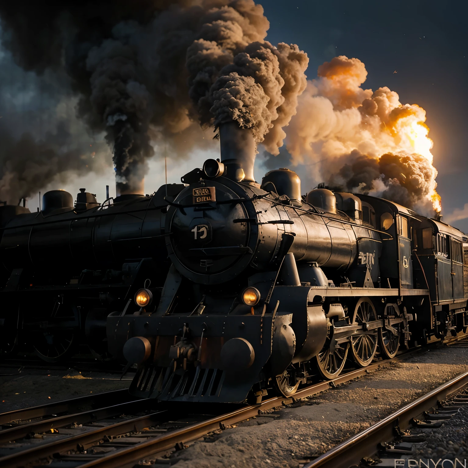 Black 5 British Steam Locomotive with billowing smoke and embers, Philippines beach, railroad
