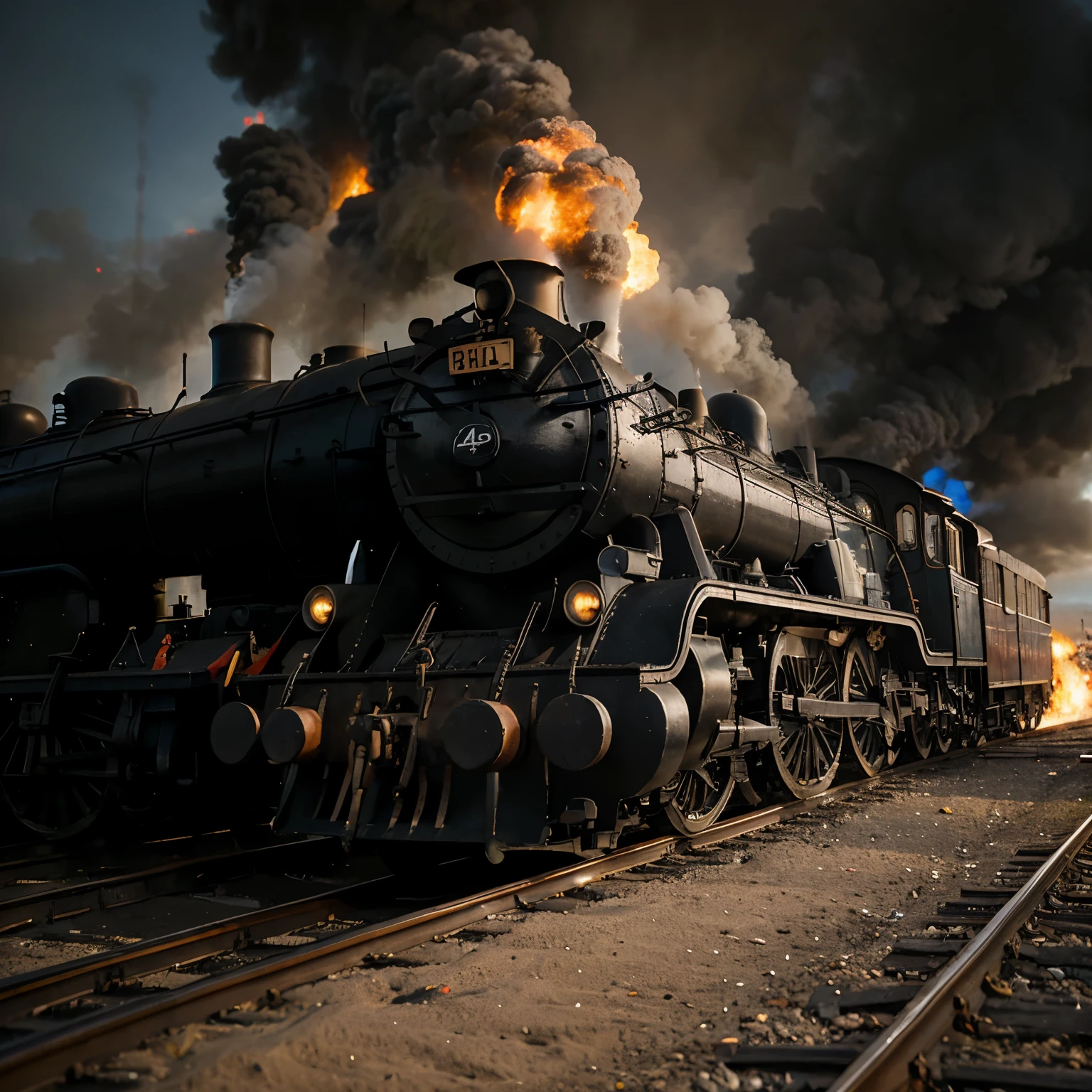 Black 5 British Steam Locomotive with billowing smoke and embers, Philippines beach, railroad