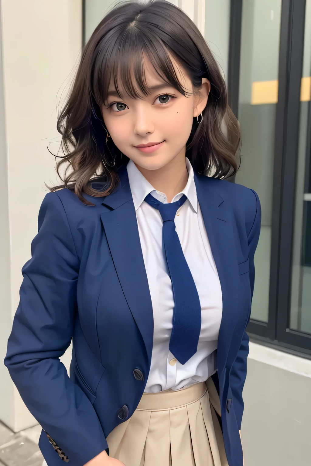 8K, highest quality, real image, intricate details, Super detailed, ultra high resolution, depth field,(realistic,realistic:1.2), frontal shot , From the middle , 1 girl, eye_Chan, very beautiful girl, innocent big eyes,、beautiful breasts:1.5、非常に詳細なeye:1.2)、(beautiful breasts:1.1)、wavy hair、curly hair、bangs、, perfect skin, Fair skin, huge breasts, He puts his left hand on his chest over his clothes...、anxious look、cleavage, tight waist, light blush, alone, looking at the viewer, light smile, ((School_uniform),(dark blue blazer), (white shirt、Wearing a tie), (gray pleated skirt), (sculpture installation :1.1)