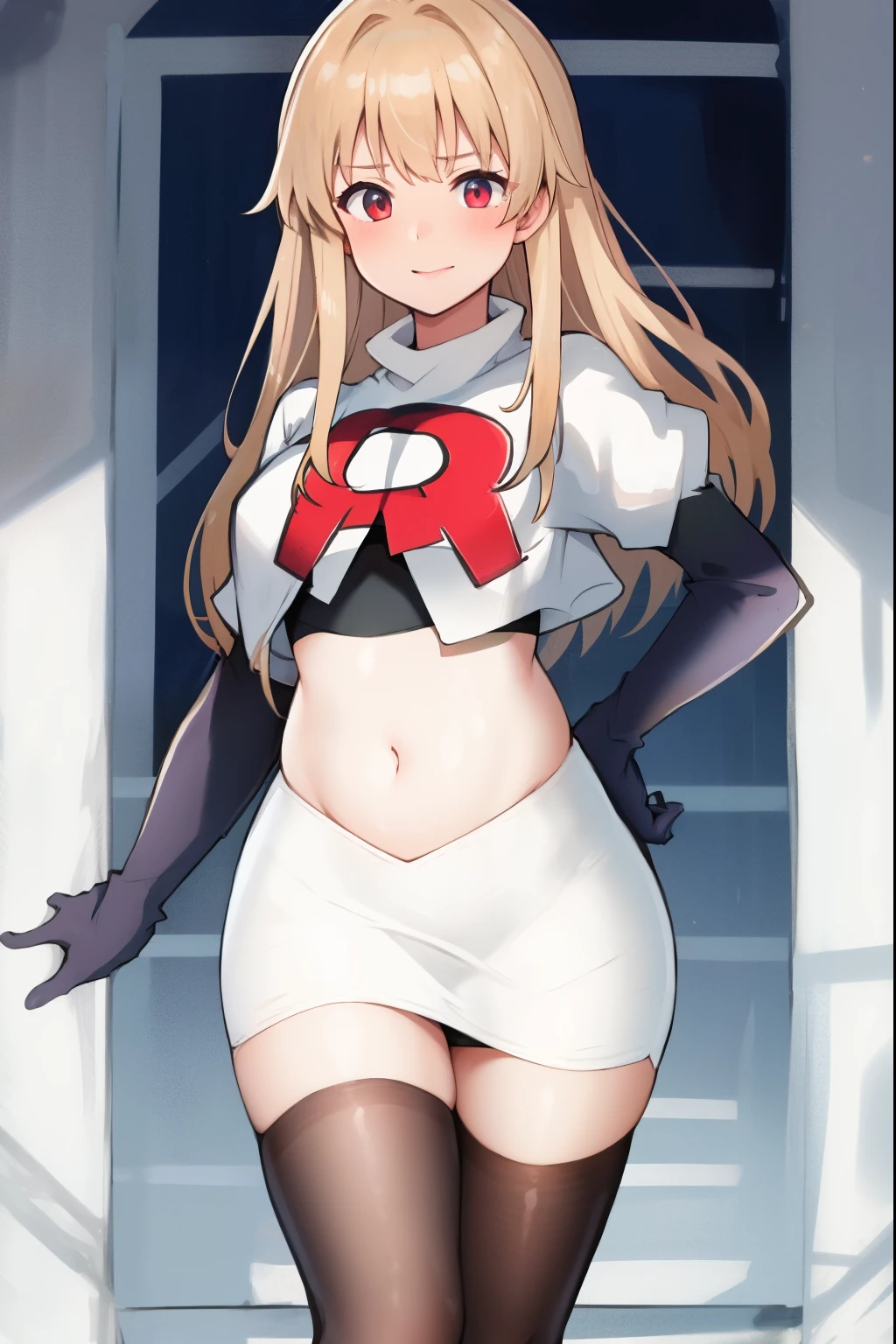 absurdres,masterpiece, best quality, highres, high quality, 1girl, chubby,fat,team rocket,team rocket uniform,white skirt,red letter R,crop top,black thigh-highs,black elbow gloves,