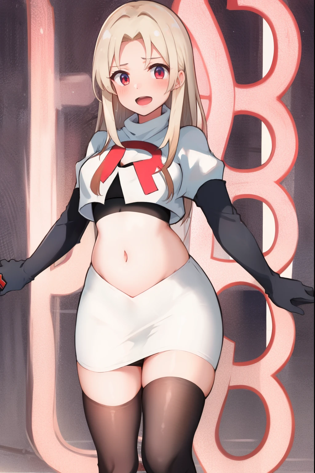 Realistic image, detailed image, 1 elf, She has red eyes, She has medium blonde hair with a red ribbon on the left side of her hair, She wears a short red blouse that exposes part of her stomach, sexy shorts. Stockings to mid-thigh, sneakers. She has big boobs, narrow waist, wide hips and thick thighs. smiling. Full body view. Arched back. white background. Uniform background. Volumetric light. Ambient light.