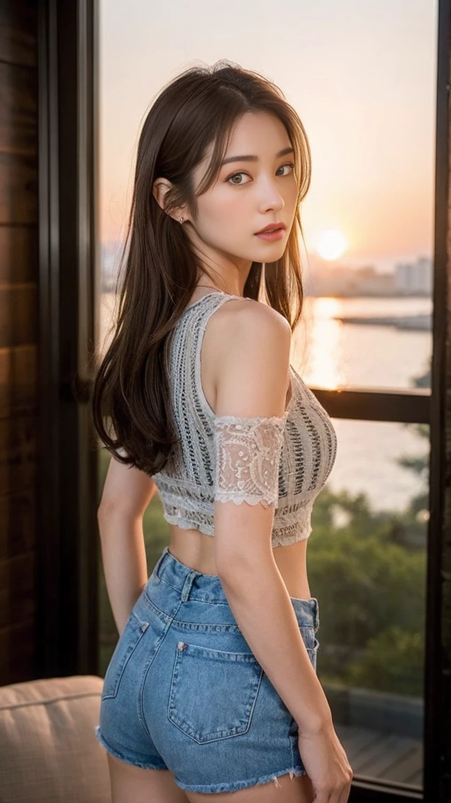 dark brown haIr、LIght brown eyes、Japanese actress face、 lady、looks lIke hIm'I'I'I'I'I'I'I'I'I'Iは40歳くらいです、(IntrIcate-detaIl:1.2)、(top-qualIty:1.4)、 (超A hIgh resolutIon:1.2)、超A hIgh resolutIon、(A detaIled eye)、(detaIled facIal features)、nffsw、8K resolutIon、D cup breasts、long hair、sunset、sunsetが見える砂浜、beautiful legs、crop top、shorts、People look small、I turn around and look back at me、
