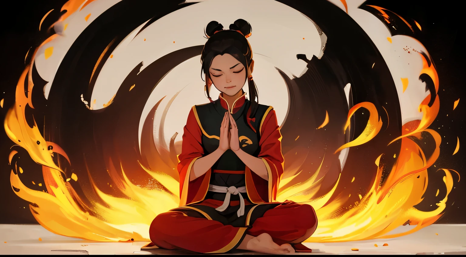 masterpiece, best quality, 1girl, azula, fire nation clothes, azula (avatar the last airbender), solo, black hair, fire, dark, long hair, topknot, serious, closed eyes, meditating, sitting, avatar meditation, 18 year old, white background, azula from avatar the last airbender, princess azula, eyes open, pure white eyes, avatar arrows