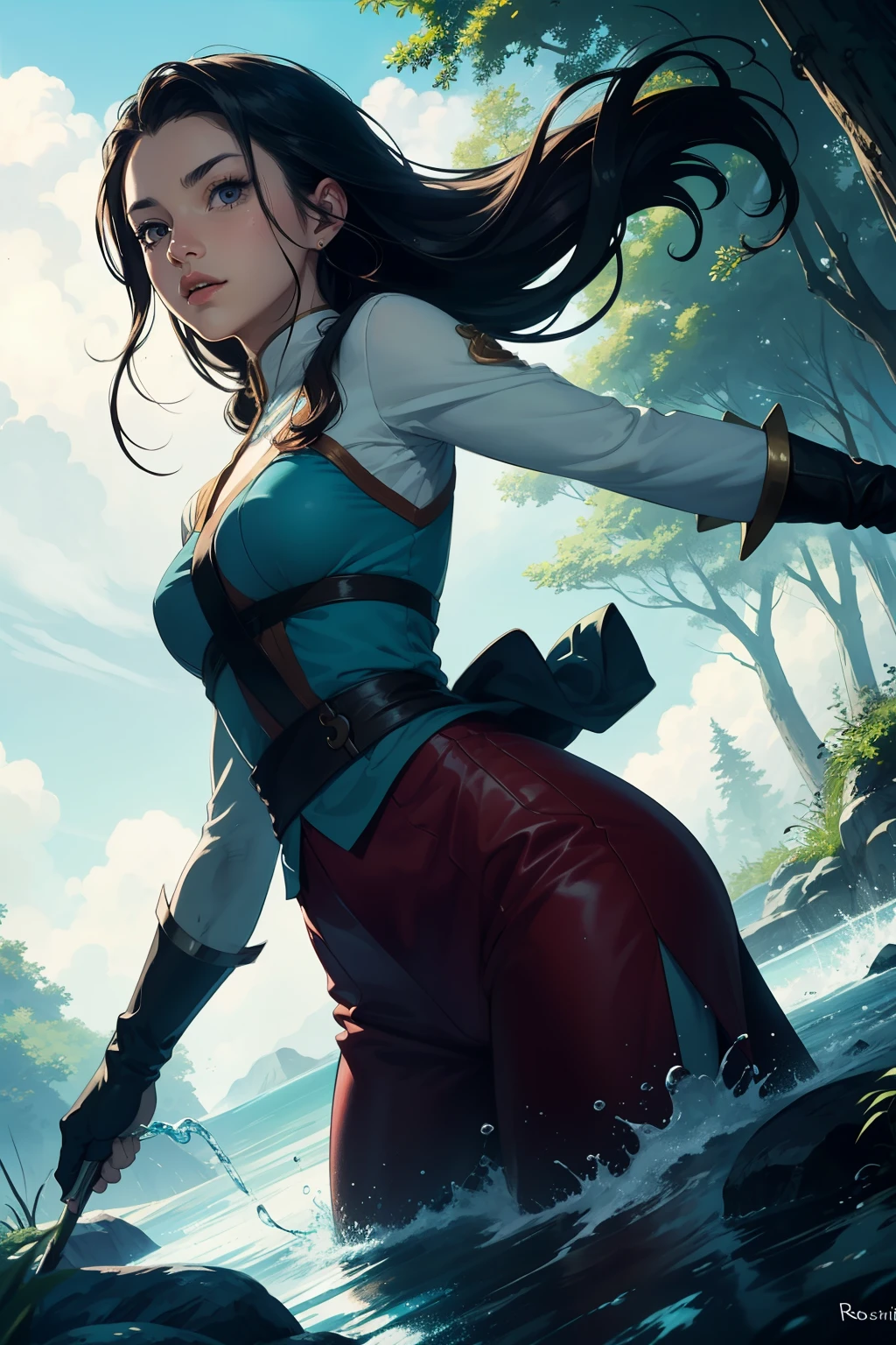 Katara in a fight in the middle of the forest using waterbending   ((best quality)), ((master part)), (circunstanciado), rosto perfeito