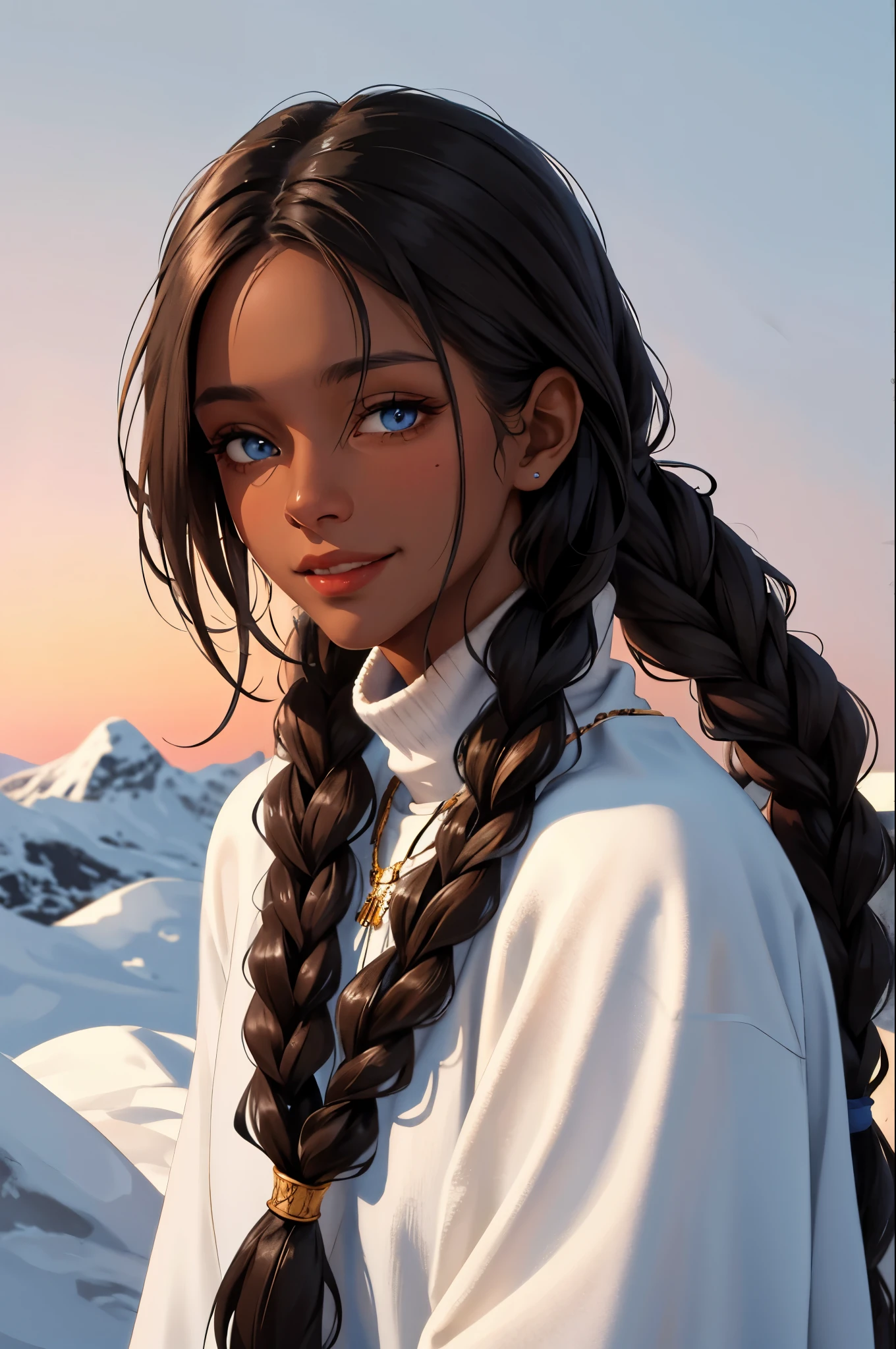 (masterpiece:1.2, best quality), (real picture, intricate details), 1lady, solo, upper body, casual, long hair, minimal makeup, natural fabrics, close-up face, smile, cold, snow, beautiful woman, long dark brown hair, long braids, two long braids, tan skin, Inuit, Inuit clothing, blue Inuit clothing, waterbender, blue eyes, dark skin, brown skin colour, dark skinned woman.