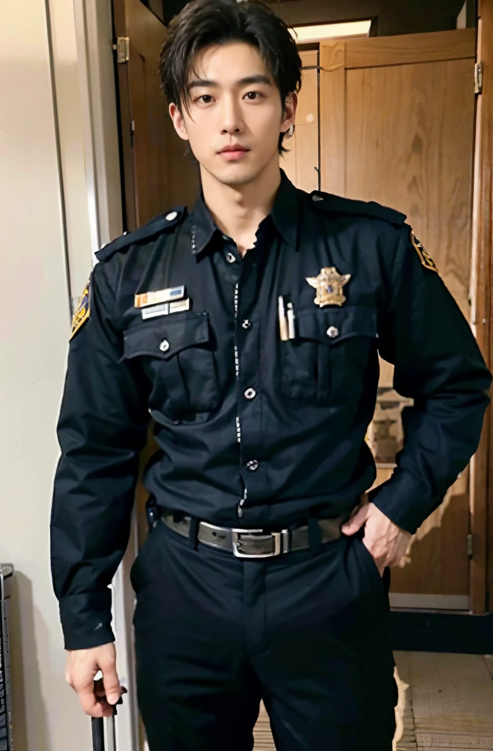 1 handsome Japanese guy，24 years old，library，Handsome and handsome，patrol security，Japan security，intercom，truncheon，full outfit：police clothes，The body is slender，High，Muscles look good，hairy body，Wheat complexion，sexy，black eyes（thin eyes 1：3），whole body image