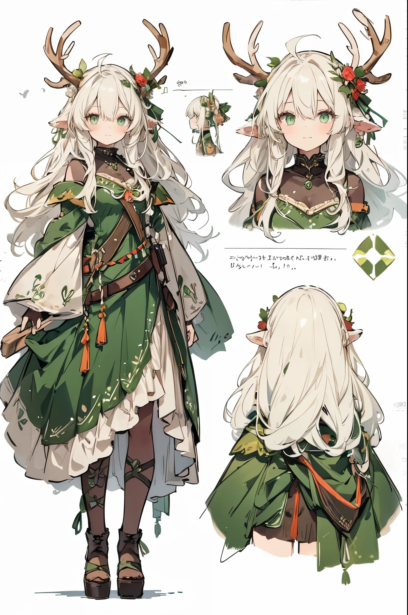 ((character sheet)), a digital drawing of a girl wearing green dress and antler head dress, 1girl, solo, antlers, animal ears, deer ears, hair over one eye, dress, green eyes, green dress, long hair