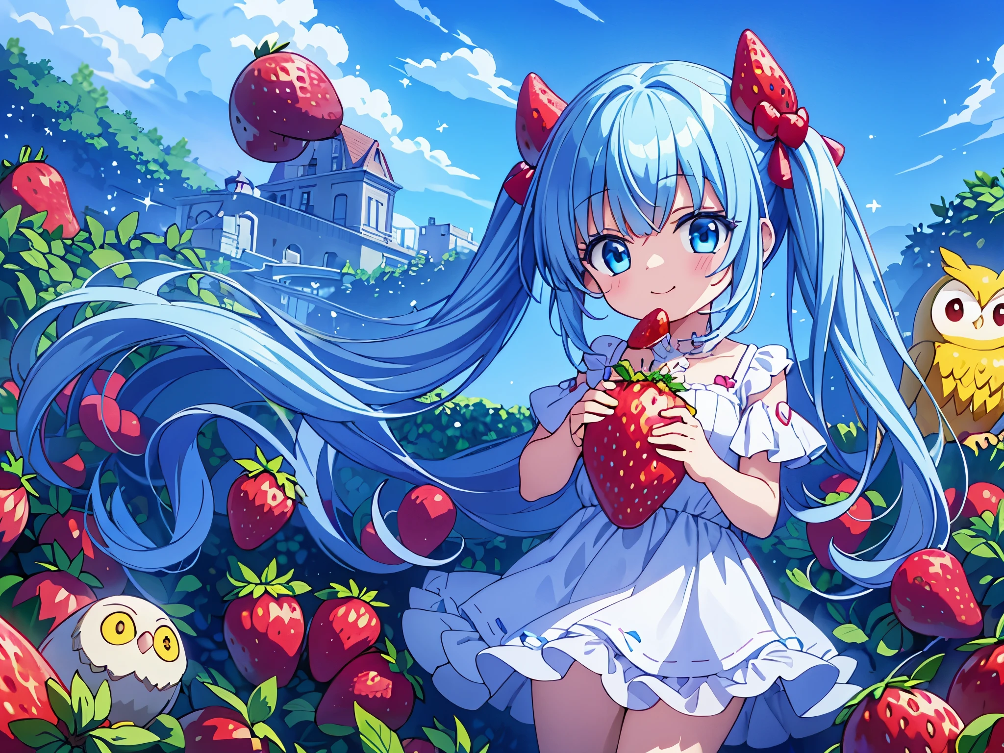 under the blue sky　A strawberry field((Some photos)).strawberries are falling from the sky　beautiful girl with long light blue hair　Hair style is twin tails　adorable smile　eating a big strawberry　Warm yellow sparkly metallic down coat　A big owl is watching over the girl　