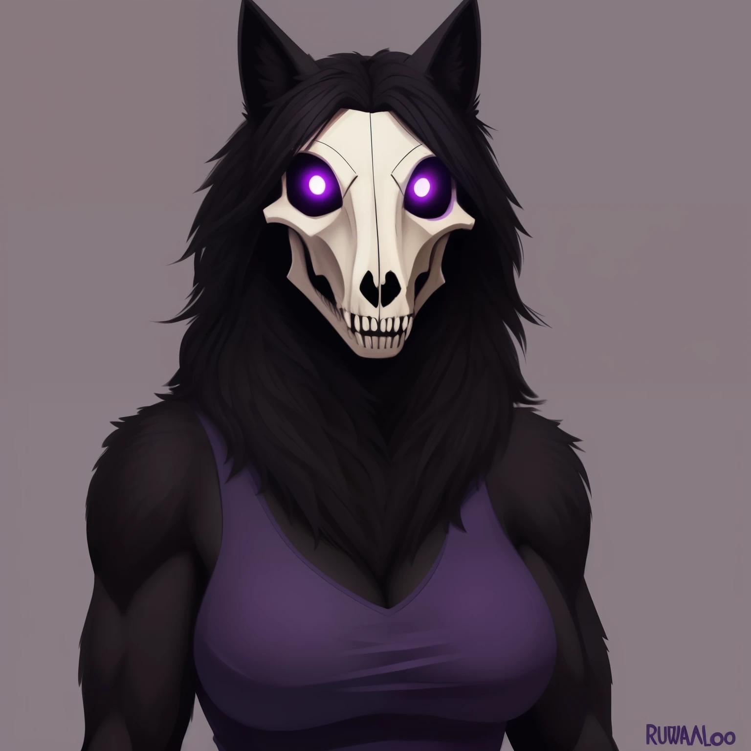 Tall_athletic_mature_wolf scp-1471 skull_mask female black_furry_body purple_eyes very_fluffy solo Masterpiece best_quality absurdres highly_detailed well_drawn_eyes anthro_only by_greasymojo by_runawaystride