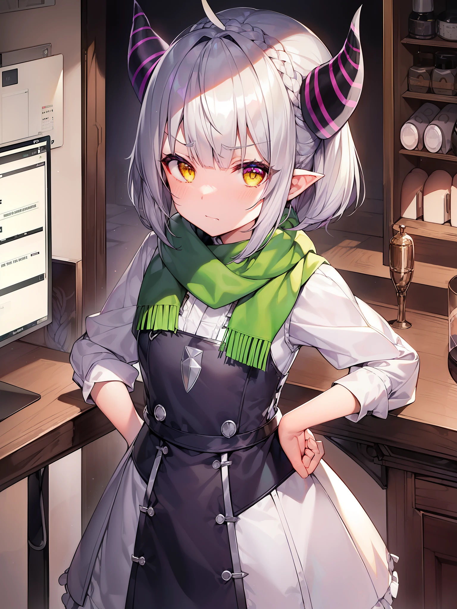 1girll、solo、short eyebrows、Purple claws、white skin、(eye hair:1.1)、eye socket、((silver hair))、sharp、((short fine hair))、(asymmetrical bangs)、(Pigtails)、(police:1.4)、(handcuffs:1.2)、(ASUS:1.2)、(Hair Fan)、light blush、open coat、eaten、side chest、webcam、webcast、Live streaming、(cowboy shot:0.8)、(Mode)、((data sheet))、(Annotated:1.4)、((clothes table))、((((How-to))))、(Texto:1.4)、(hip:1.6)、Ahoge、((french braid) ))、((Green scarf))、hairpin、((sepia horns))、((yellow eyes))