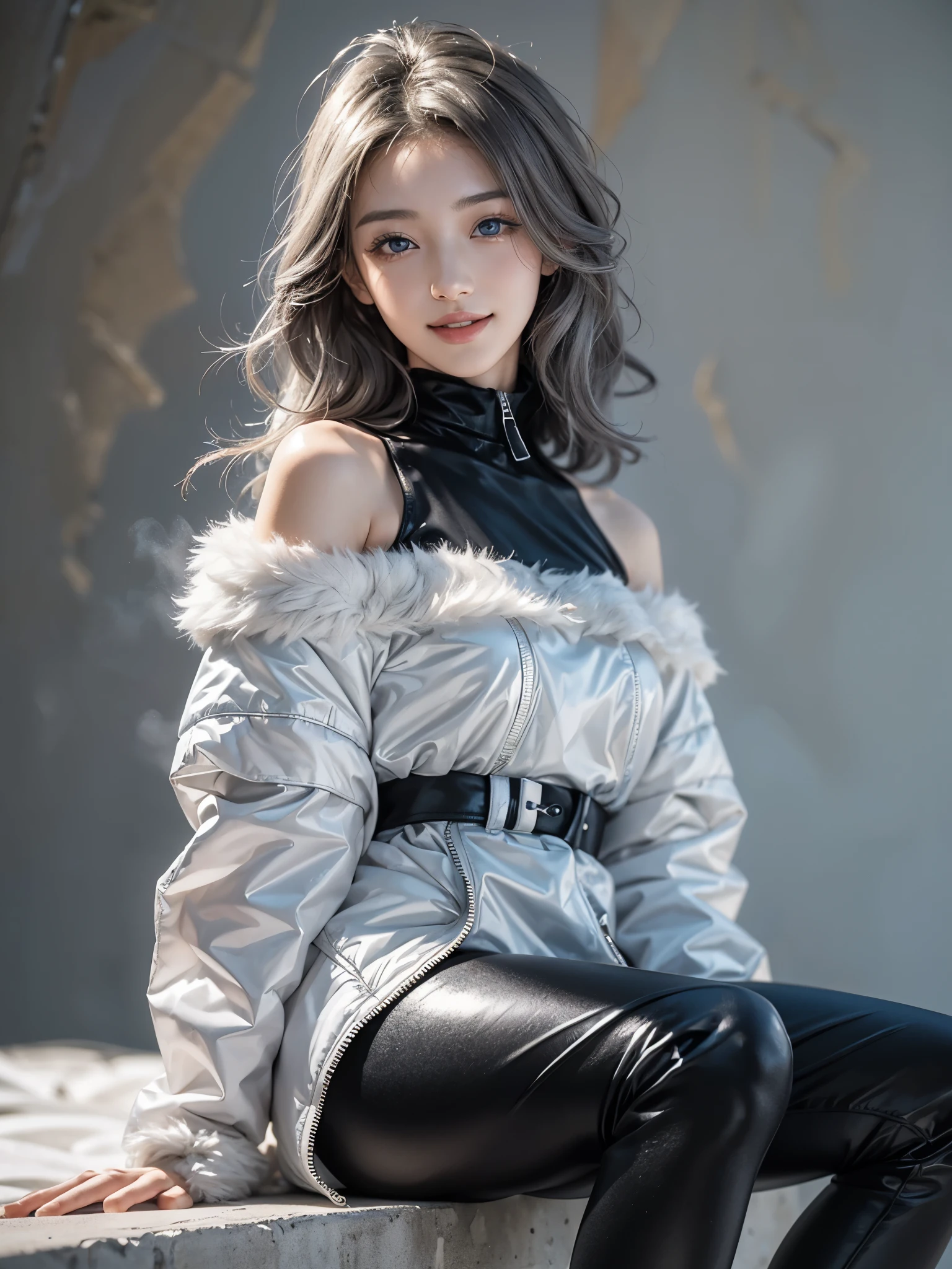 (anime:1.4), (Geometric art:1.4), (gorgeous, elegant, luxury:1.2), (beautiful still life painting art:1.3), (ultra detailed, beautiful, masterpiece, best quality:1.3), 
_
BREAK (1girl:1.2), 22 years old, (160 cm, Japanese cute model, beautiful ratio of all body:1.3), (Tightened all body, medium Breasts, small head, small face, diamond Face, small nose, Sharp Faceline, Detailed face, Detailed eyes), perfect young hands and fingers, No defects hands and fingers, five fingers, 
_
BREAK (happy, smile, Glossy Lips:1.3), (Light color lips, Half open mouth, beautiful Teeth:1.2), (dropy eyes, Double eyelid, light color eyes, Shiny eyes:1.5), Shiny skin, 
_
BREAK (arranged hairstyle:1.3), (gray hair:1.2), shiny hair, Detailed hair,
_
BREAK (futuristic simple white background:1.2), (blurry background, mist, fog:1.2),
_
BREAK (front shot:1.2), (model sitting confidently with hands in pockets:1.1),
BREAK (White oversized down jacket with faux fur trim:1.2), (off-shoulder design:1.2), (zipper closure:1.1), (matte finish:1.1),
BREAK
(Black theme:1.2), (high-waisted black leggings with subtle sheen:1.2), (ankle-length:1.1), (comfortable fit:1.1), (minimalist design:1.1),
BREAK
(Subtle urban background:1.1), (soft natural light:1.1),
(Bold and chic fusion of comfort and style in this oversized down and leggings ensemble), (White high Sneaker:1.2),
