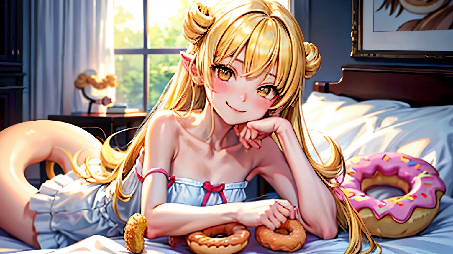 Highest image quality、detailed description、High quality、cute girl、shinobuYoung, masterpiece, highest quality, 1 girl, blonde hair, alone, delicate body、thin arms、close, smile, brush sticker, clavicle, pillow, (donut:1.2), stuffed toy, on the bed, closed mouth, tooth, (Chin rest:1.5), (white dress:1.1)