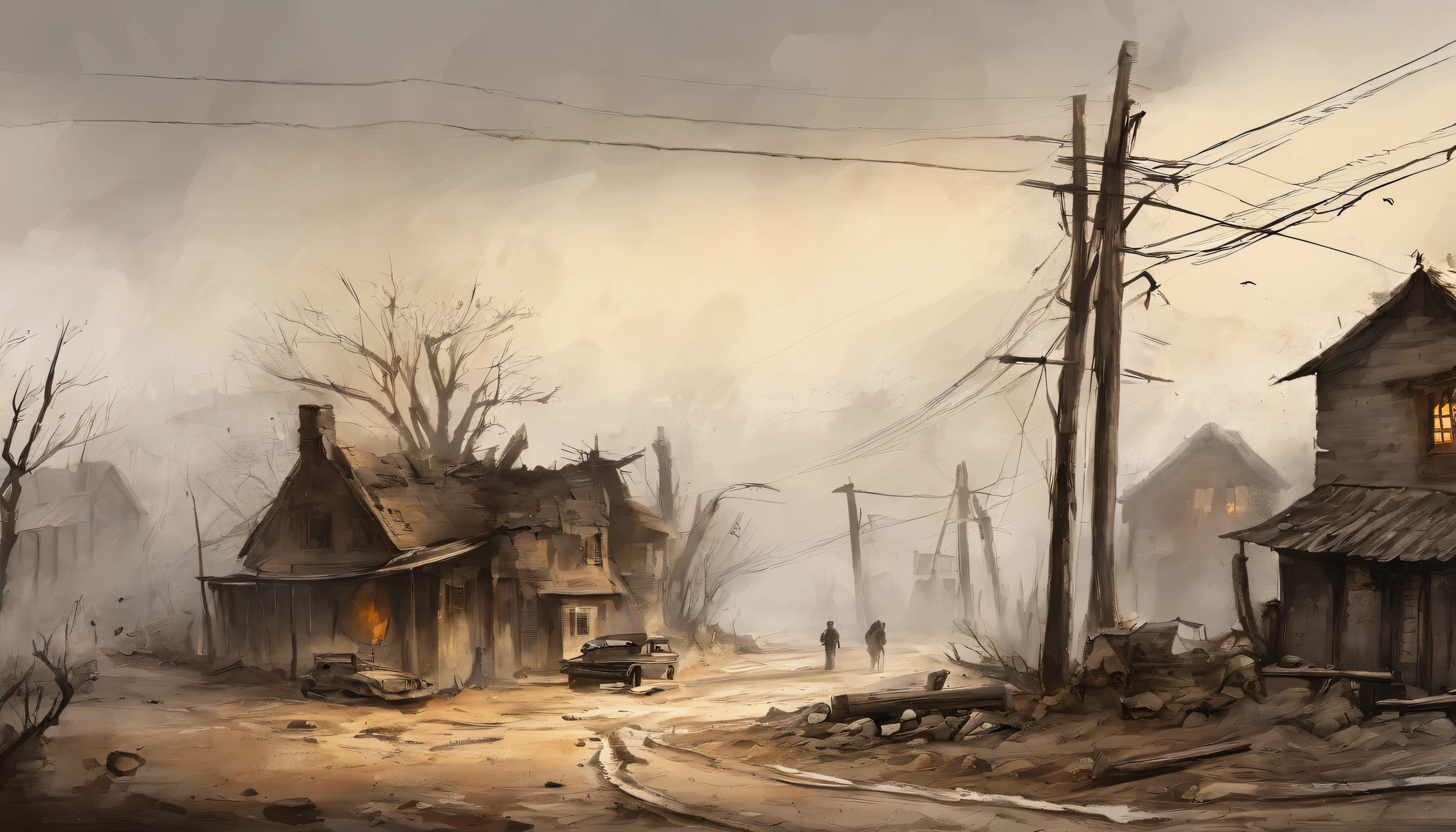 ink wash style，，telephone poles，Cracked buildings，battlefiled，Fire on the ground，burning building，the fire，winter day、Rochas、War，karo，cannon fire，(Broken car，Broken pavement)，（illustratio：1.0）、Epic composition、Realistic lighting、high definition detail、tmasterpiece、Best quality，（非常详细的 CG 统一 8k 壁纸）