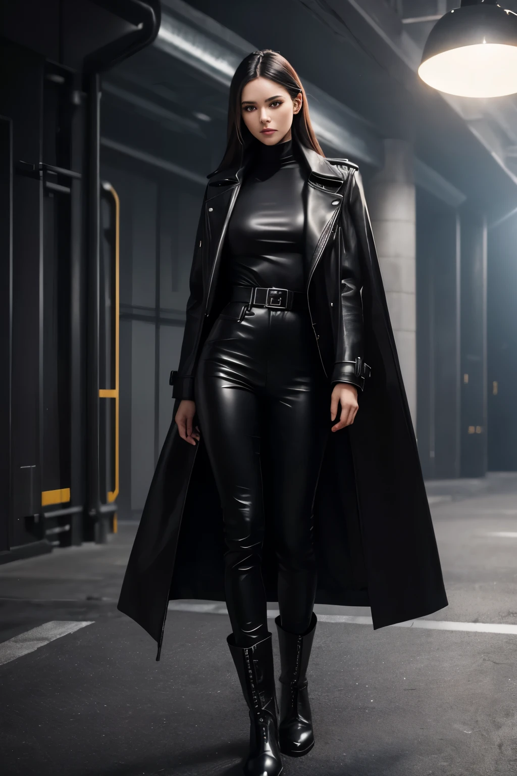 best quality, 32k, RAW photo, incredibly absurdres, extremely detailed, neat and beautiful woman, wearing black leather long coat, black leather pants, black leather engineer boots, slender, perfect proportion, professional lighting