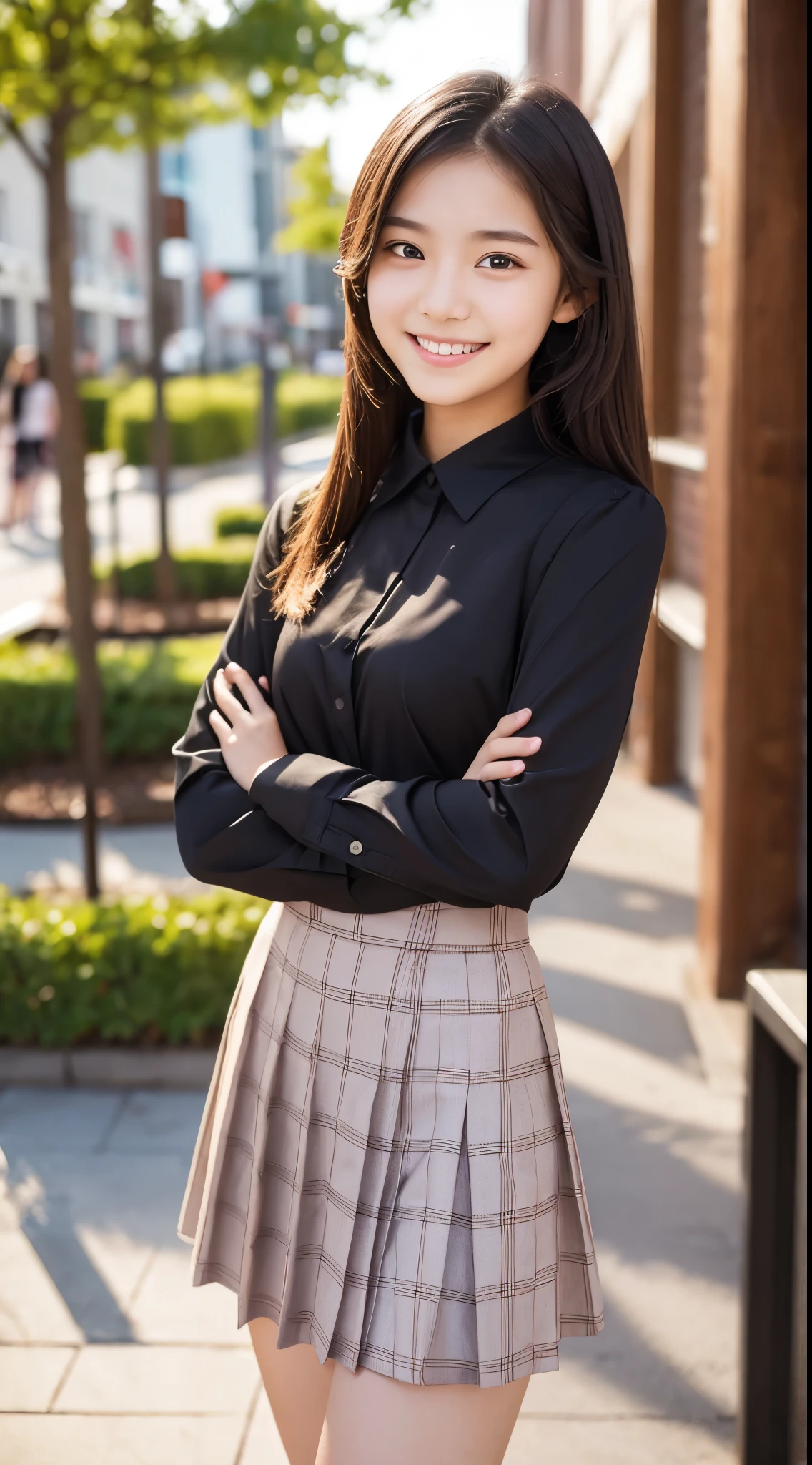 (15 year old girl), (blouse), (skirt),(casual fashion) (park background), (smile) (random pose)