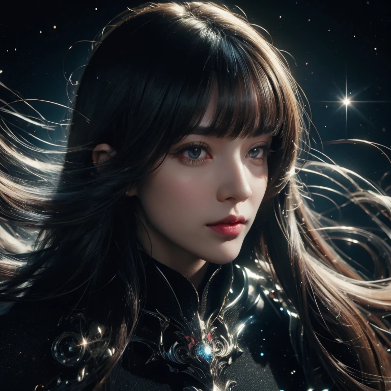The prompt for the given theme "Space-like atmosphere. She is like a universe. She has bangs. A girl-like appearance." can be:
"(best quality,4k,8k,highres,masterpiece:1.2),ultra-detailed,(realistic,photorealistic,photo-realistic:1.37),illustration,(galactic,cosmic,celestial:1.1) girl,beautiful (detailed,elaborate) eyes,long eyelashes,beautiful detailed lips,(glowing,infinite) universe, (ethereal,glimmering,sparkling) atmosphere,bangs, (space-themed,astral) background, (subtle,natural) lighting,vernacular colors".