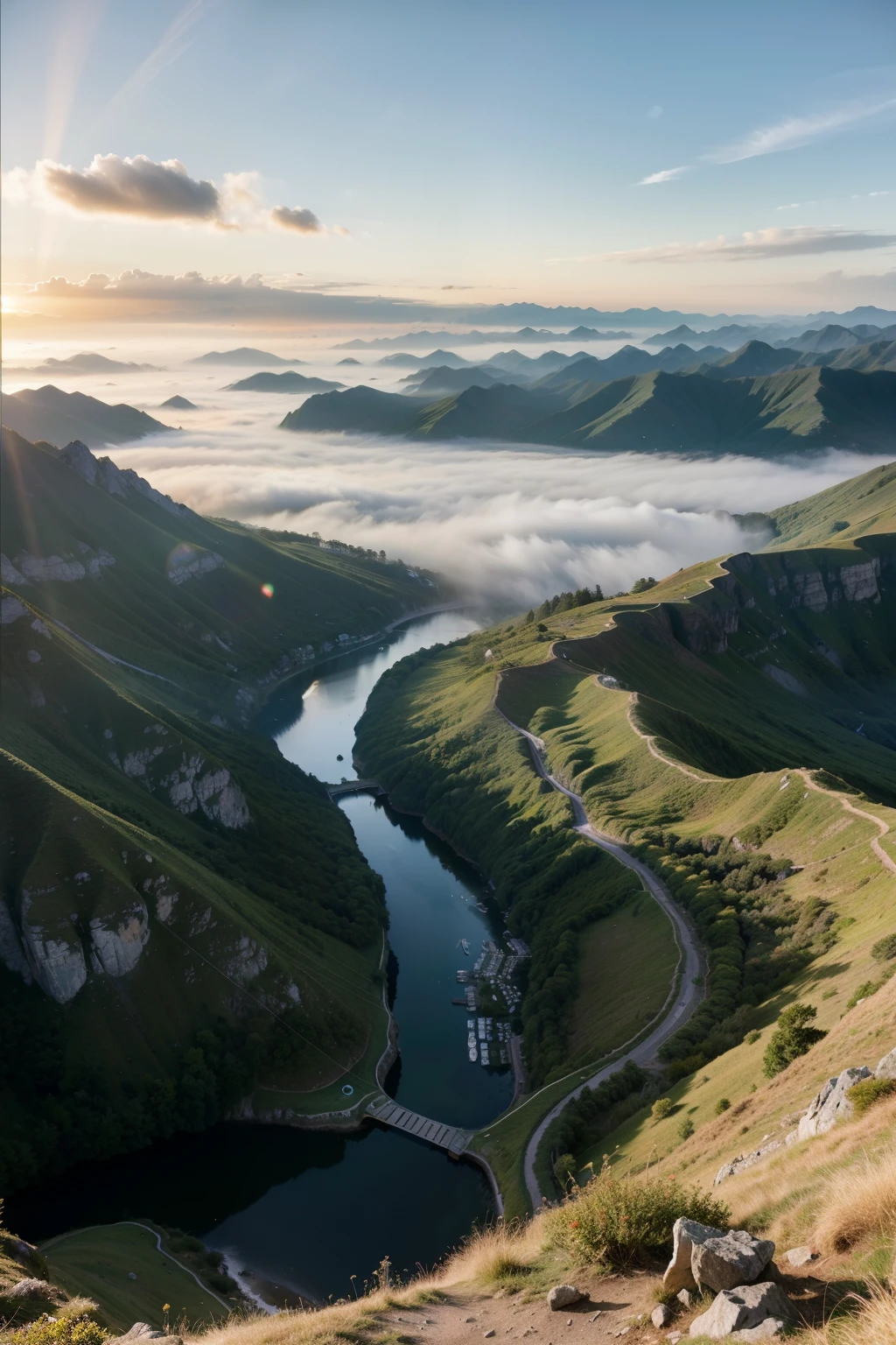 Lakes and mountains,Blue water and blue sky,Green peaks like forests,The sea and the sky are the same,shrouded in mist,A sea of clouds,Sunrise and sunset,Golden glow sprinkles the earth,Reflecting the endless beauty of nature。