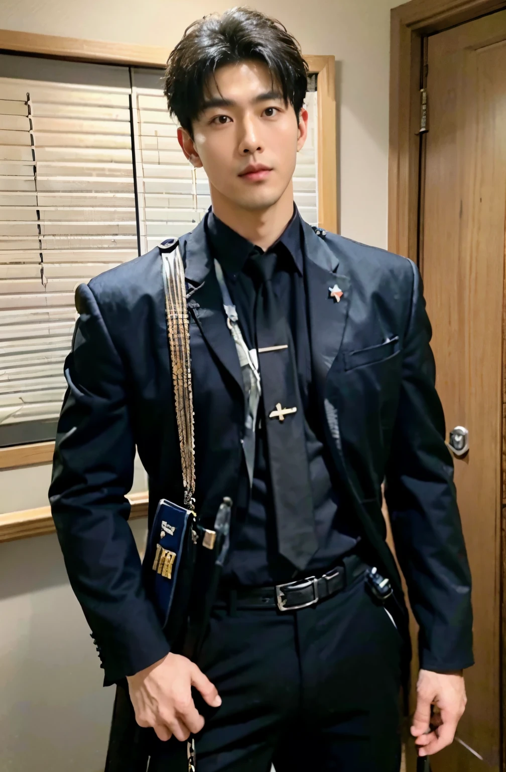 1 handsome Japanese guy,24 years old,library,Handsome and handsome,patrol security,Japan security,intercom,truncheon,full outfit:black police uniform,The body is slender,High,Muscles look good,hairy body,Wheat complexion,Masculine sexy,Masculinity,black eyes(thin eyes 1:3),whole body image