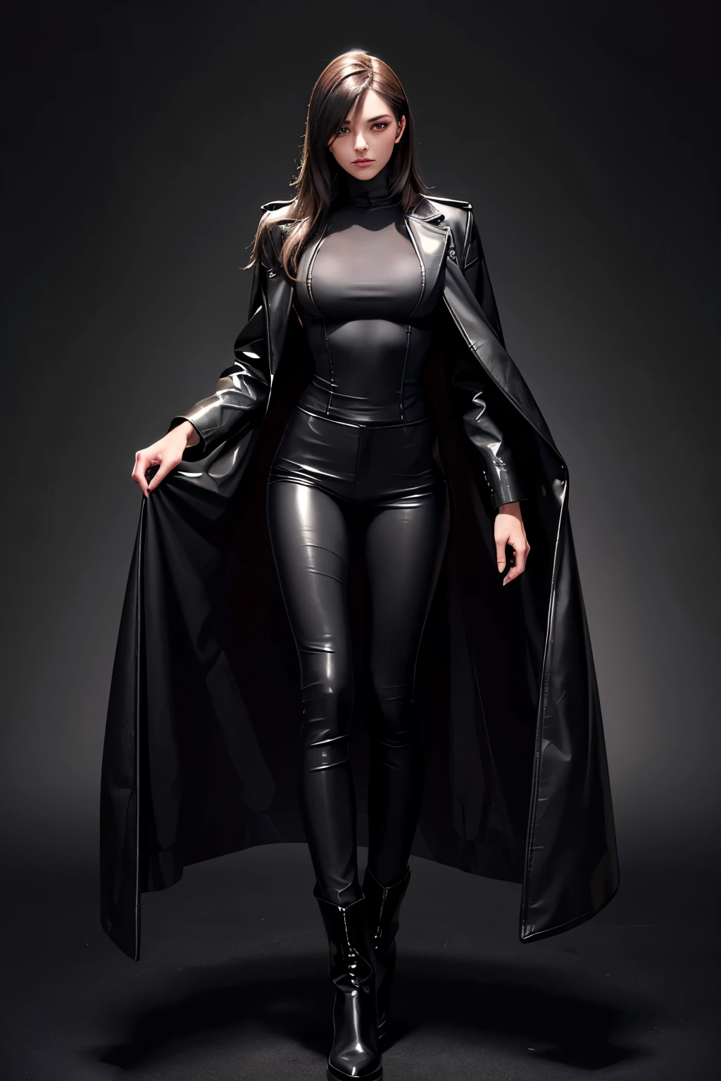 best quality, 32k, RAW photo, incredibly absurdres, extremely detailed, neat and beautiful woman, wearing black leather long coat, black leather pants, black leather engineer boots, slender, perfect proportion, professional lighting