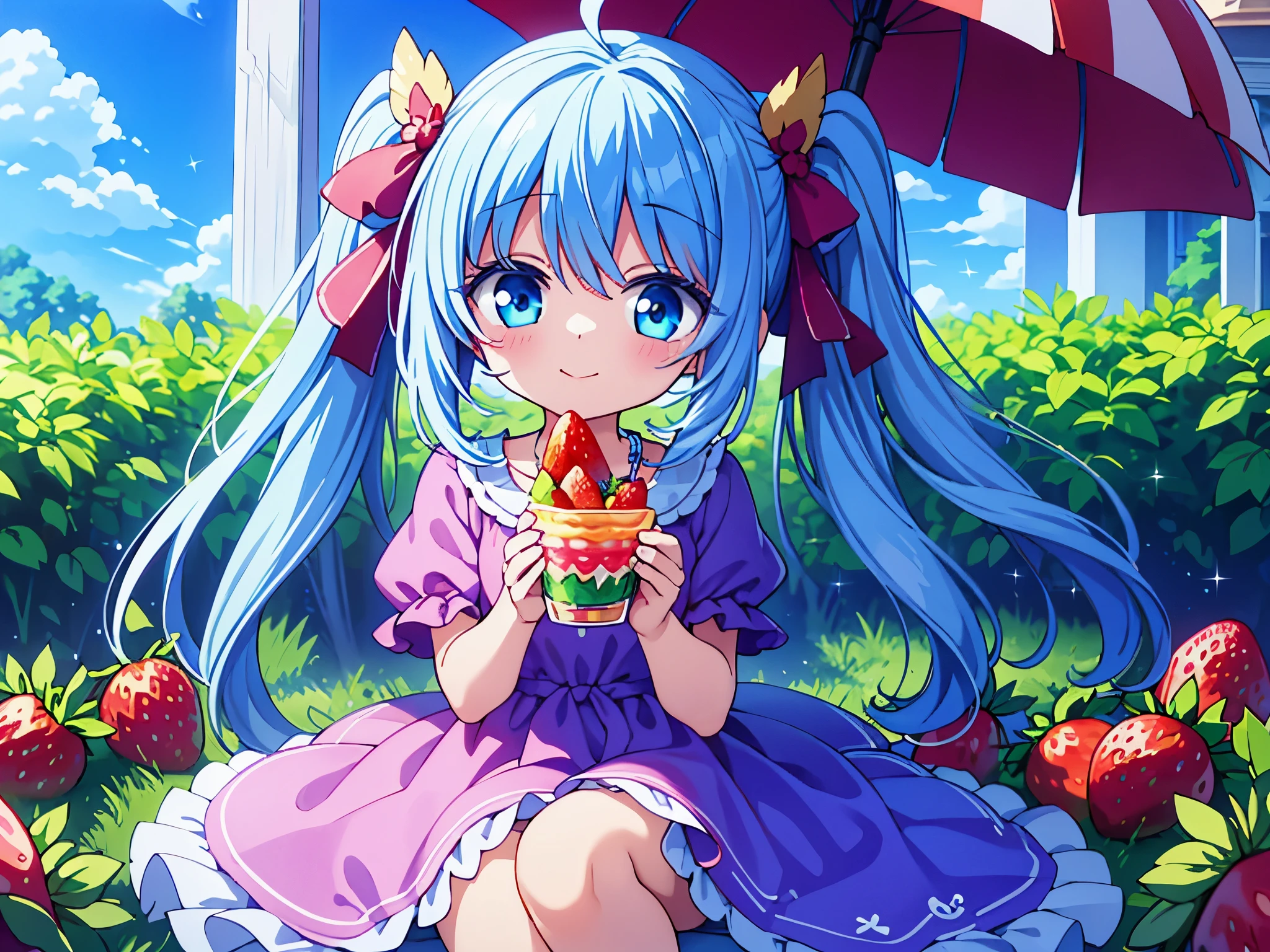 under the blue sky A strawberry field((Some photos)).strawberries are falling from the sky beautiful girl with long light blue hair Hair style is twin tails adorable smile Eating a big strawberry parfait Warm yellow sparkly metallic down coat A big owl is watching over the girl