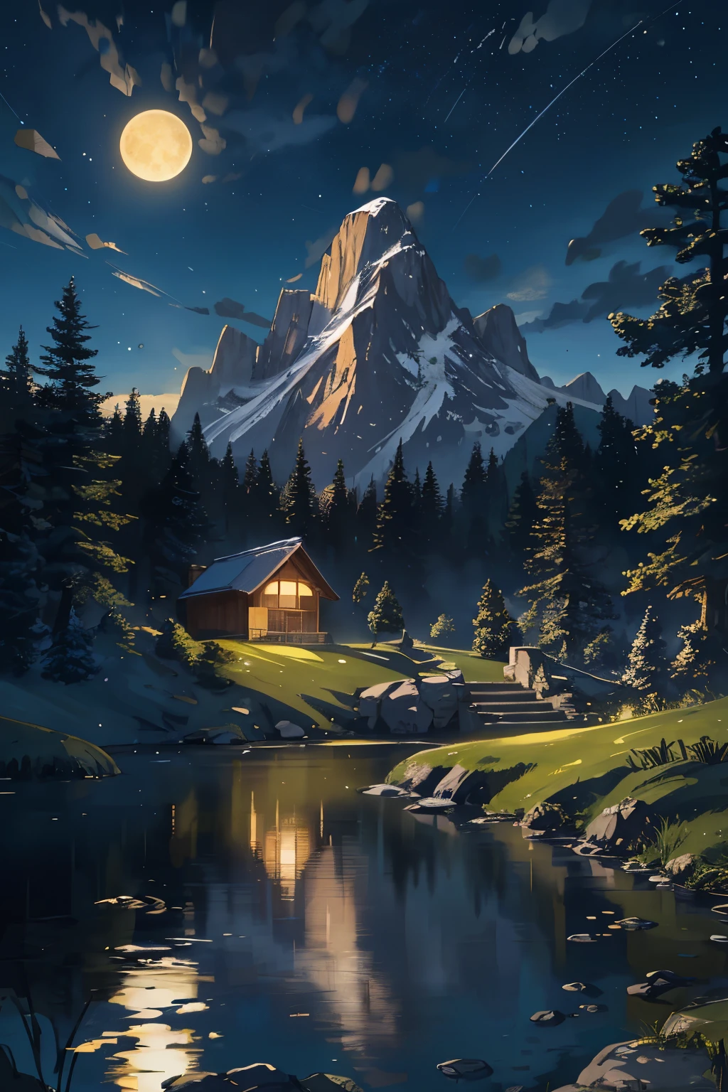 Masterpiece, serene landscape, solitary mountainscape under the night sky, illuminated with fireflies, a glowing moon casting long, delicate shadows, stars twinkling in the ultra-detailed, high resolution canvas, a tranquil scene of nature, realistic and vivid, enhanced by the intricate play of light and shadow, the crispness of every blade of grass and the shimmering water reflecting the celestial bodies above, a peaceful and breathtaking work of art, best quality guaranteed.