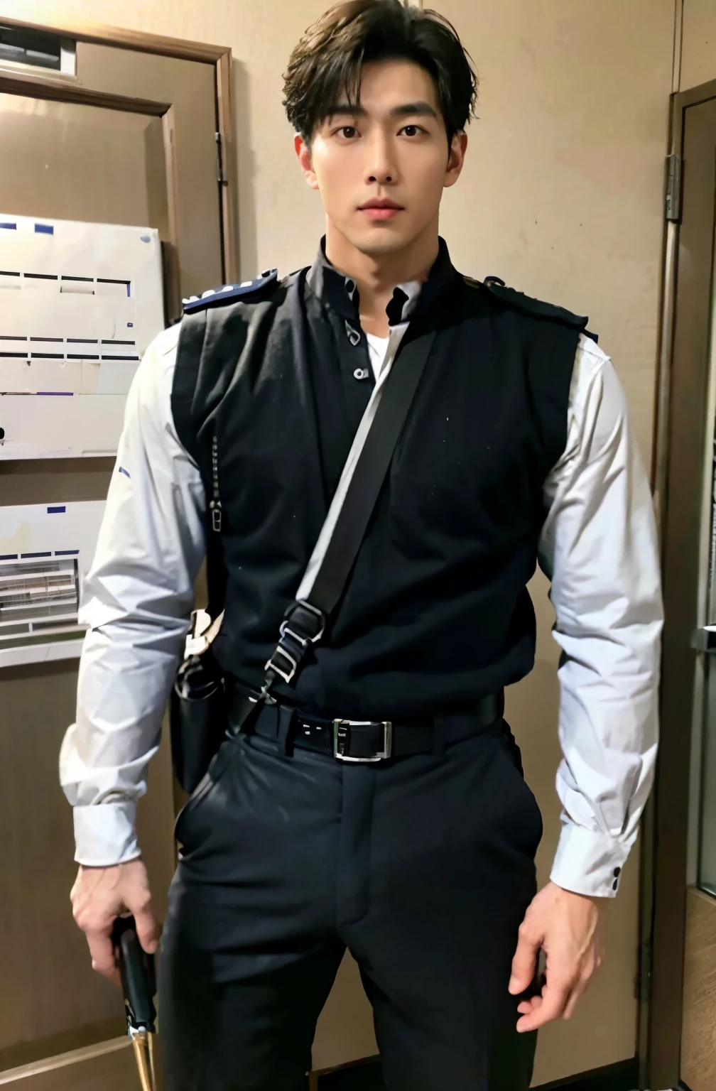 1 handsome Japanese guy，24 years old，library，Handsome and handsome，patrol security，Japan security，intercom，truncheon，full outfit：black police uniform，The body is slender，High，Muscles look good，hairy body，Wheat complexion，Masculine sexy，Masculinity，black eyes（thin eyes 1：3），whole body image