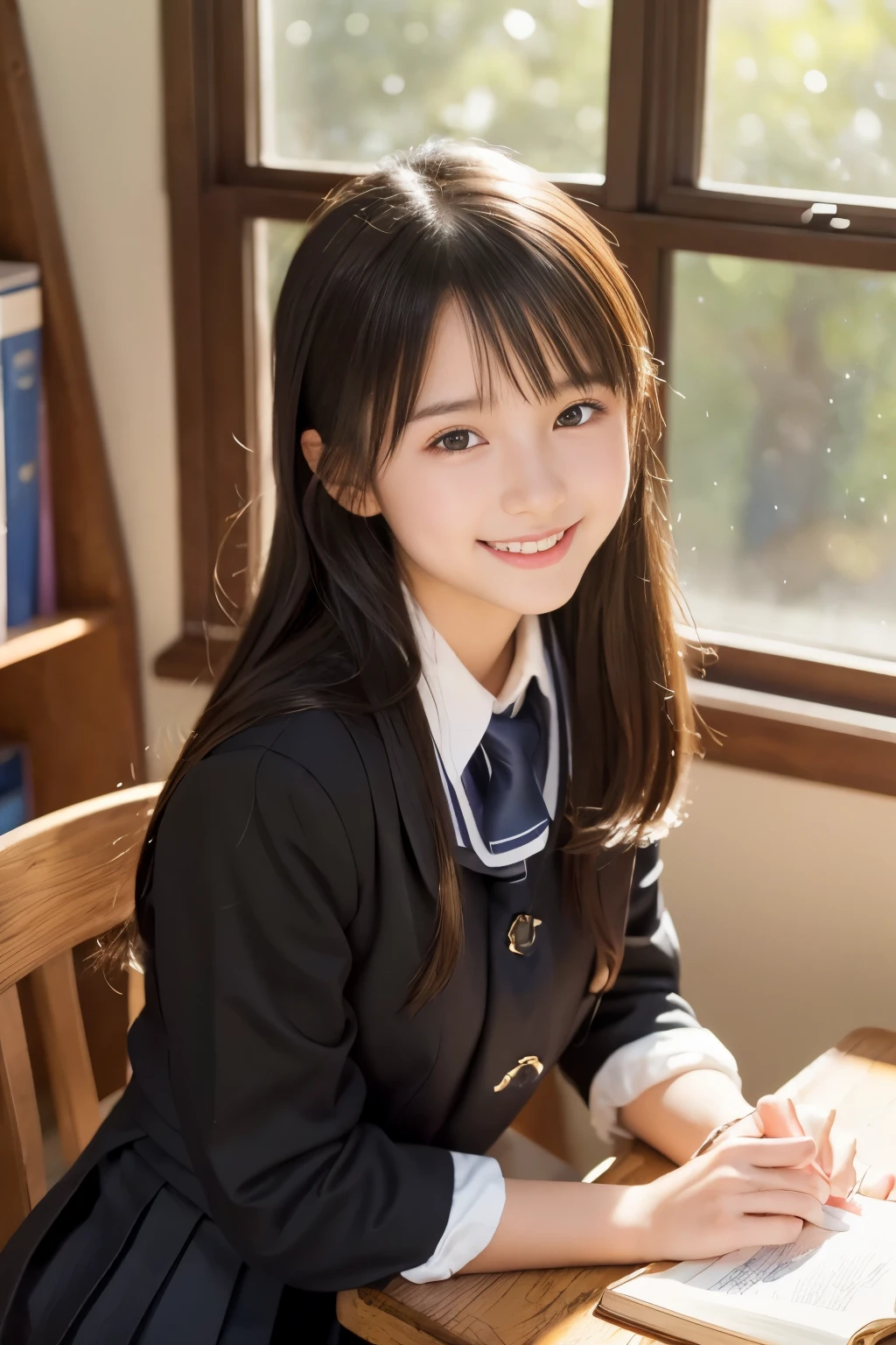 (((masterpiece))), (((cowboy shot)))， (one beautiful girl, innocence，cute) ，ultra high resolution, reality, Super detailed, 8k,highest quality, very detailed, (very beautiful girl, detailed face:1.3), (black hair :1.4), (baby face，cute系,adorable 15 year old), (perfect body:1.1),((neatly dressed，Japanese girls&#39; high school uniform))、rosy cheeks，bun hair，A smile that makes you want to hug me,15 year old girl in classroom, reluctant machine,blackboard, Bookcase,evening sunlight outside the window，Gentle air，Happy moments
