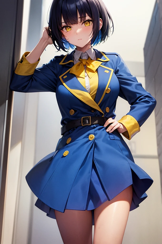 beautiful girl girl style bright yellow bob cut beautiful yellow eyes I'm wearing a blue trench coat. I'm wearing an L85 on my shoulder.