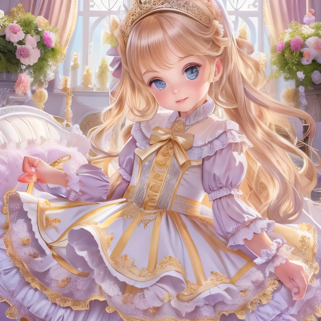 highest quality, masterpiece, highest resolution, artwork, super be familiar with, many detailed, detailed, be familiar with, woman, ,the girl is a princess,,Lifting the dress with your hands,The wind lifts the dress,Ball gown dress,hoop skirt dress is round and bulging,Lots of lace inside the dress, you can see the inside of the dress,petticoat_in_the_dress,panniers_in_the_dress,golden tiara,long sleeve,puff sleeves ,long dress,frills,ribbon,long blonde hair,pink dress,White long socks,frillsの靴下,Russian,