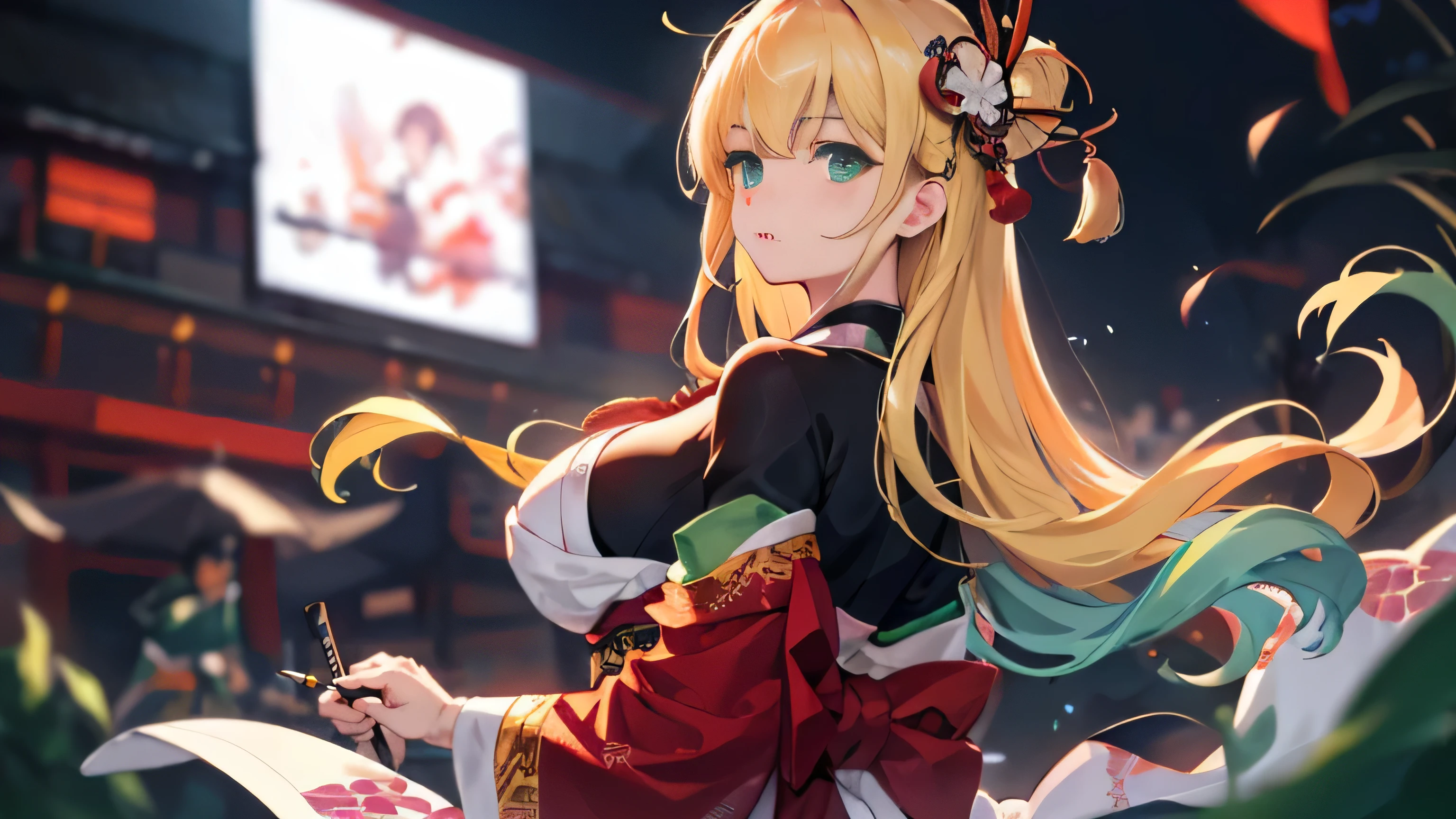 Kazama Iroha Best Quality, highest quality, Highly detailed CG Unity 8K wallpaper, original, High resolution, (Depth of bounds written: 1.5), fidelity: 1.3, beautiful girl, Japanese style long blonde hair warrior Pale green kimono Blue hair fasteners green eyes huge tit look back