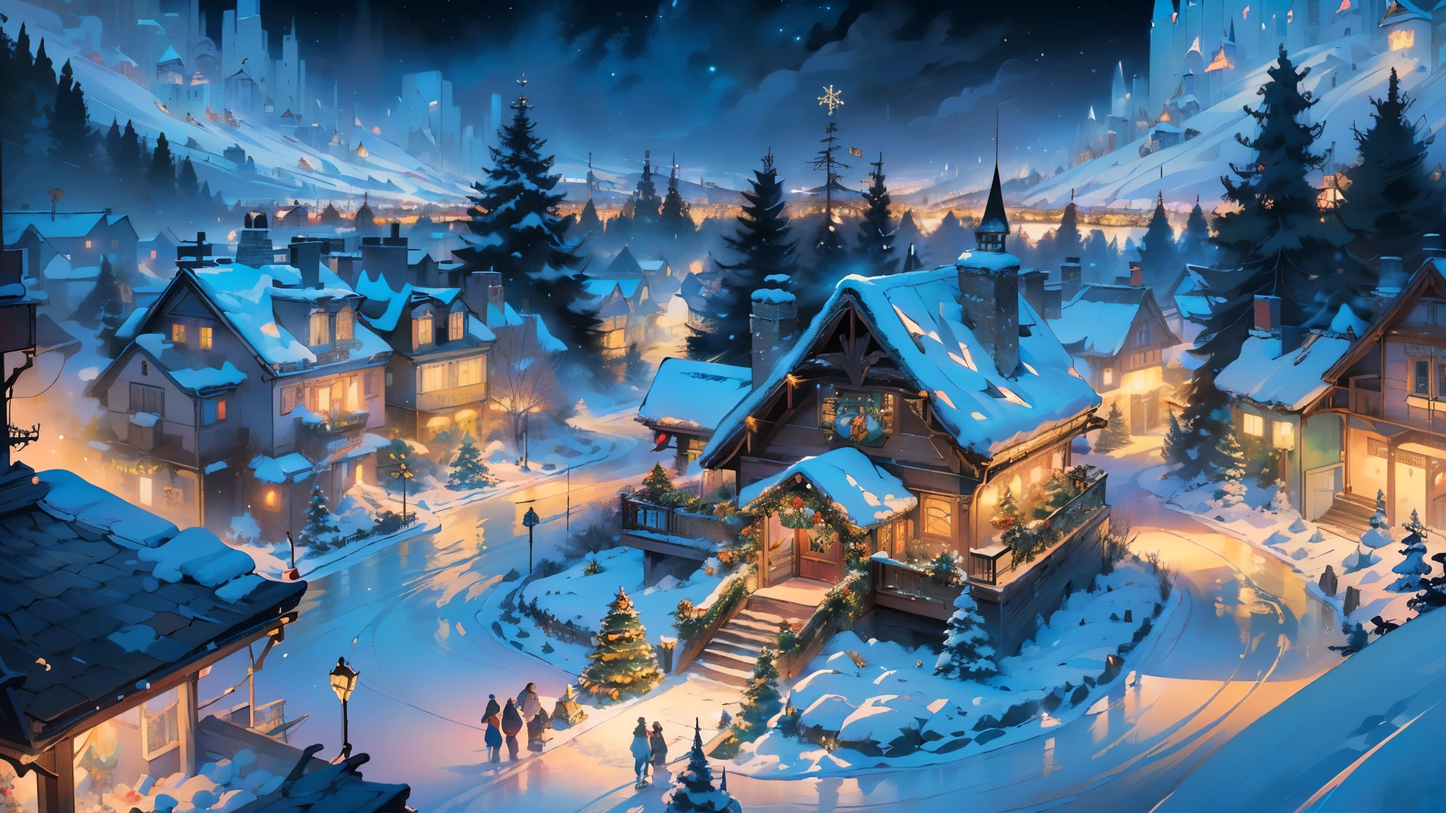 (((masterpiece))),(((high-quality))),(((8K wallpaper))),(((Aerial view of a mega-gigantic winter city decked out in festive decorations))),(((majestic Christmas trees))),(((sparkling lights over the cityge))),(((star-topped tree))),(((festive city square))),(((snow))),(((snow-covered scene))),(((winter wonderland))),(((snowflakes))),(((cottages and houses))),(((frozen rivers))),(((captivating descent  into this winter haven))),(((camera view from above))),(((breathtaking scenery))),(((vivid landscapes))),(((mesmerizing views that capture the holiday spirit))),(((captivating beauty of the season's enchantment))),(((enchanting panorama of the city's winter charm))),(((startling colors in the festive decorations))),(((transcendent experience of a holiday dream come true))),(((unreal journey into a winter paradise))),(((surreal surroundings where joy and snow intertwine))),(((captivating landscapes))),(((mind-blowing views of a winter fantasy))),(((stunning imagery))) adorned with holiday magic,(((dreamlike perspective where reality sparkles))),(((captivating enchantment))),(((spectacular freefall of snowflakes from the sky))), Fantasy art Style, Best Quality, Ultra Detailed, landscape dressed in winter's finest,(((Snowy forest))), breathtaking winter scene,(((best quality))),(((high resolution))),(((sharp focus))),(((ultra detailed))),(((extremely detailed))),(((extremely high quality artwork))),(((8k wallpaper))),(((extremely detailed CG 8k))),(((very fine 8K CG))),((hyper super ultra detailed perfect piece)),(((flawless))),(((illustration))),(((dynamic lighting))),(((dynamic light))),(((festive light))),(((holiday glow))),(((cinematic shadow))),(((textile shading))),(((vivid colors))),(((Frosty Cathedral))),(((Glowing Reindeer))),(((Twinkling Snowflakes))),(((Chimneys with Smoke))),(((glowing windows))),(((festive wreaths))),(((Ice Skating Rink))),(((Illuminated Sleigh))),(((Roof of the World))),(((intricate))),(((ornate))),StackedCityAI.