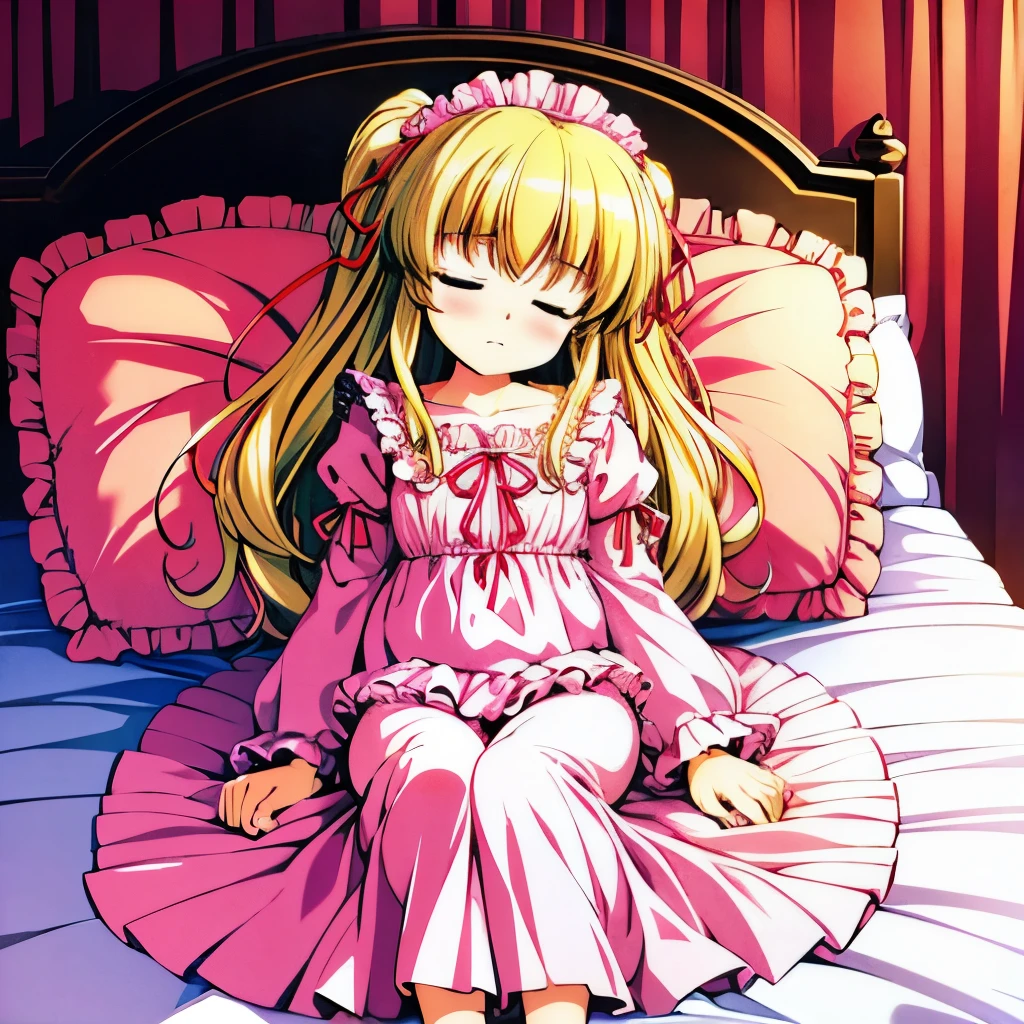 highest quality, masterpiece, highest resolution, artwork, super be familiar with, many detailed, detailed, be familiar with, woman, , pink_bed,king_size_bed,canopy_bed,pink_frilled_pillows,pink_frilled_curtain,pajama_girl ,pink_pajama frilled_pajama,long skirt,frill and ribbon headdress,long sleeve,Ruffled sleeves,blonde,Rolled hair,blue eyes,sleeping face,beautiful_girls,Eyes closed,Plush pillow,Fluffy futon,ruffle futon