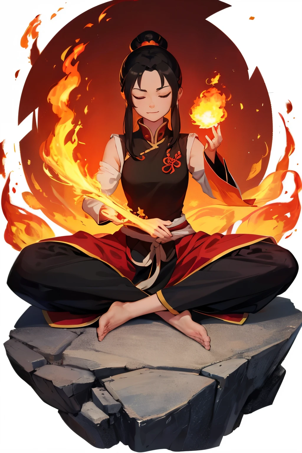 masterpiece, best quality, 1girl, azula, fire nation clothes, azula (avatar the last airbender), solo, black hair, fire, dark, long hair, topknot, serious, closed eyes, meditating, sitting, avatar meditation, , white background, azula from avatar the last airbender, princess azula