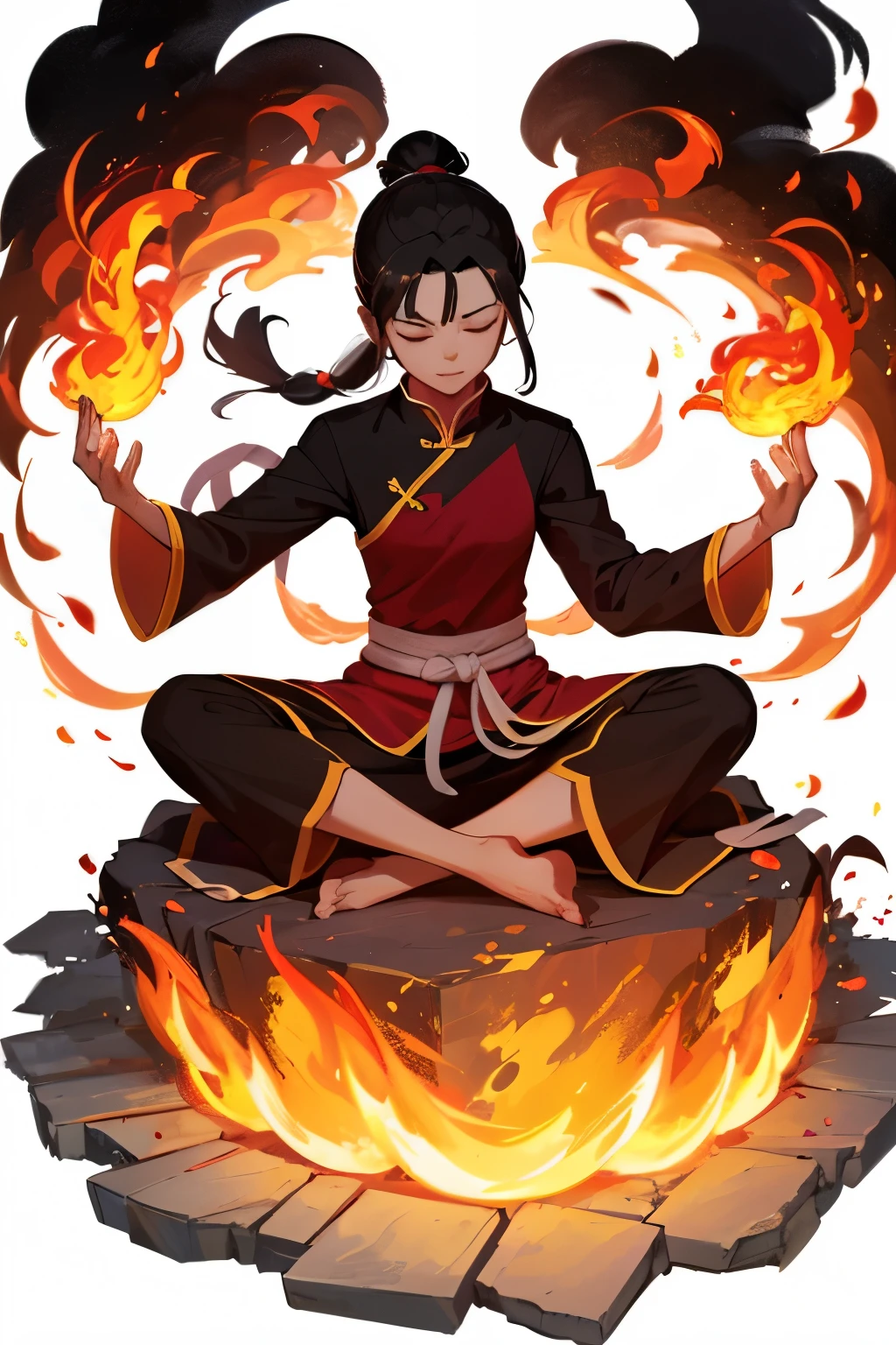 masterpiece, best quality, 1girl, azula, fire nation clothes, azula (avatar the last airbender), solo, black hair, fire, dark, long hair, topknot, serious, closed eyes, meditating, sitting, avatar meditation, 14 year old, white background, azula from avatar the last airbender, princess azula