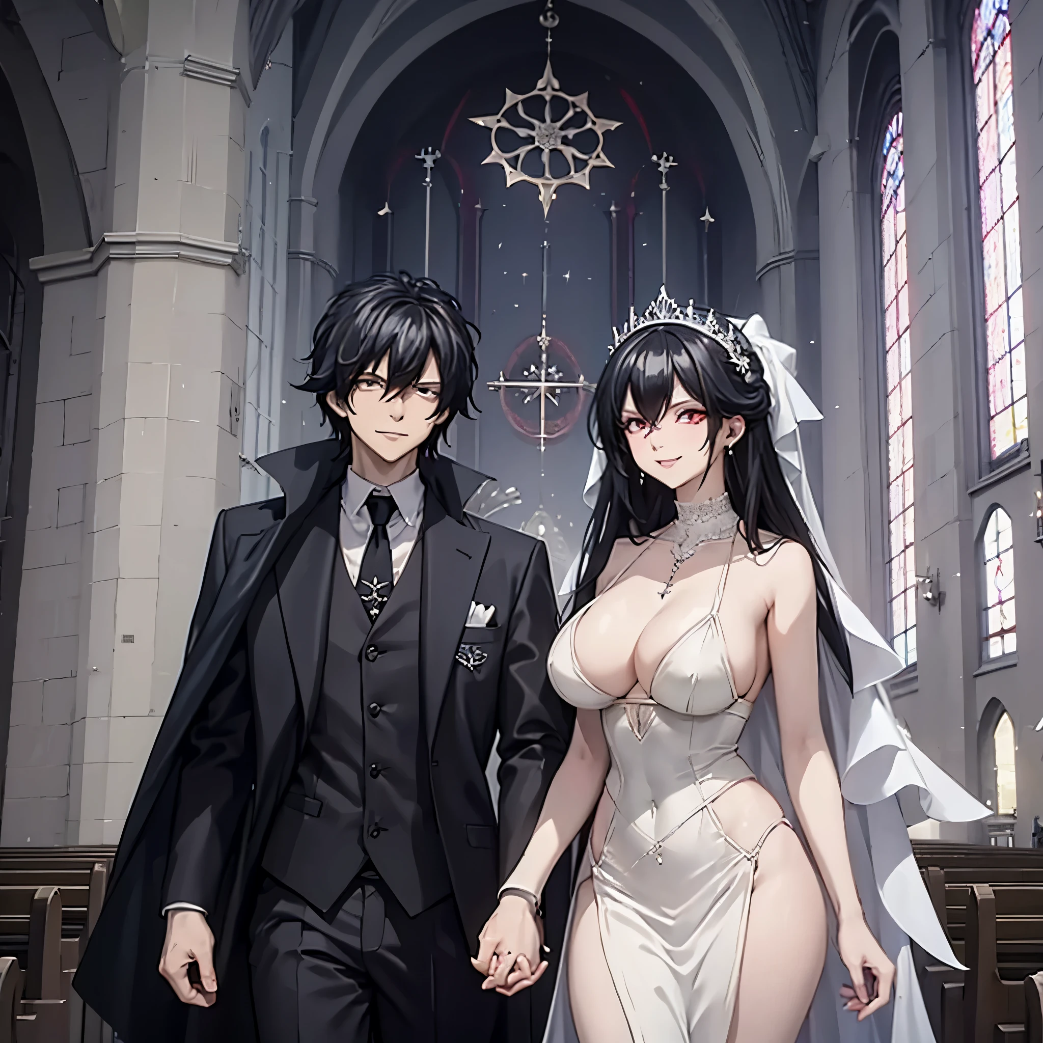 a man in a black suit holding the hand of a woman (eye red), big boobs, in a white wedding outfit in a church, smiling, perfect features perfect face
