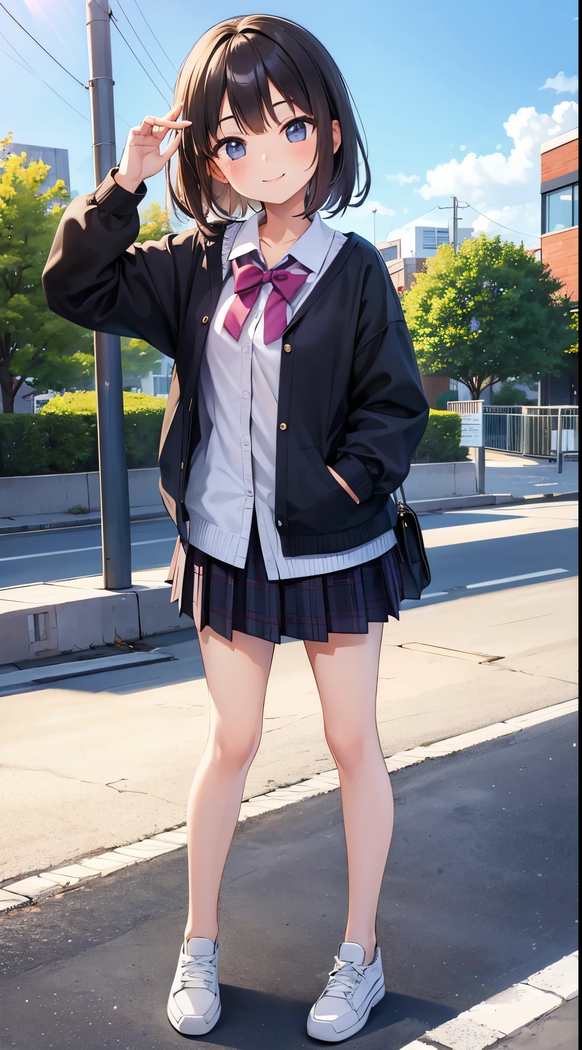 (Masterpiece, Best quality:1.2), Cowboy shot, Solo, 1girll, Takanashi millionaire, Expressionless, Closed mouth, view the viewer, Sitting, one side up, Heterochromia, Yellow eyes, Blue eyes, school uniform, Jacket, Plaid skirts