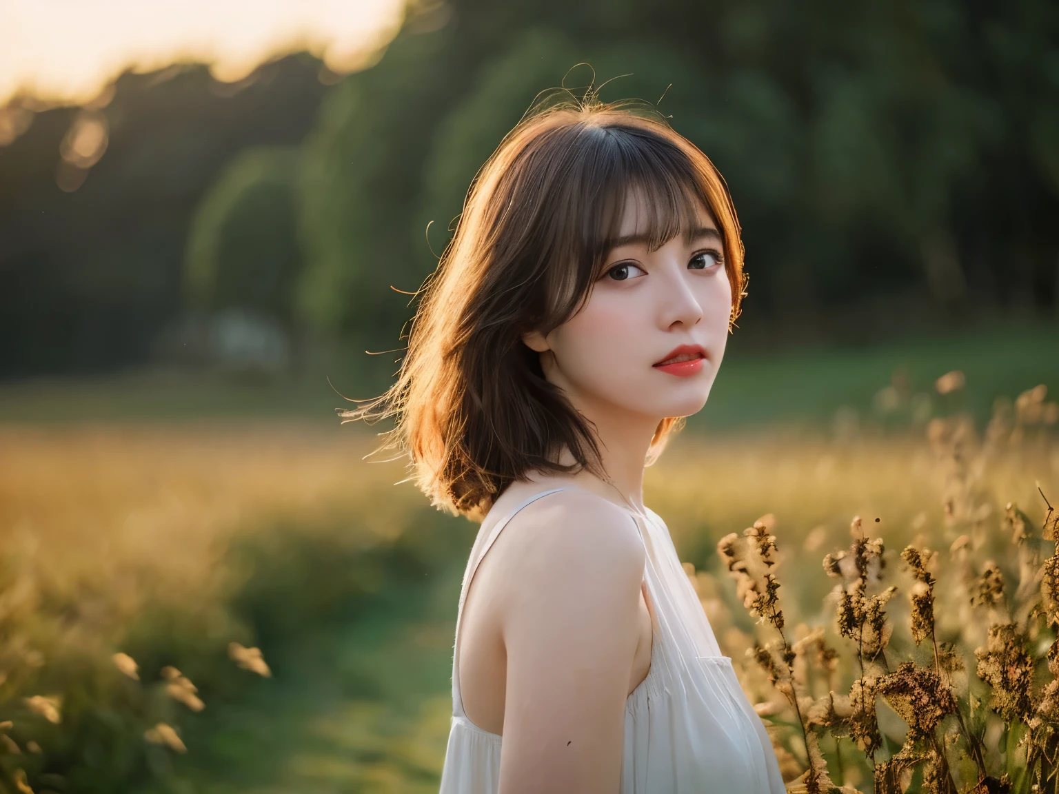 highest quality,masterpiece,ultra high resolution,realistic,RAW photo,unity 8k wallpaper, with panoramic view, cinematic lighting, in the meadow, sunset, dappled sunlight, golden hour lighting, Backlight illumination, background is blurry, (Lens flare), Wind, pastel colour, soft light, 1 girl,short flowing hair, elegant, Upper body,japanese woman、profile、Don't look at the camera、Landscape、various poses、null、sunset、long hair、medium hair、Upper body、wide angle、beach、Highly detailed face and skin texture、highly detailed lips、correct state of the human body