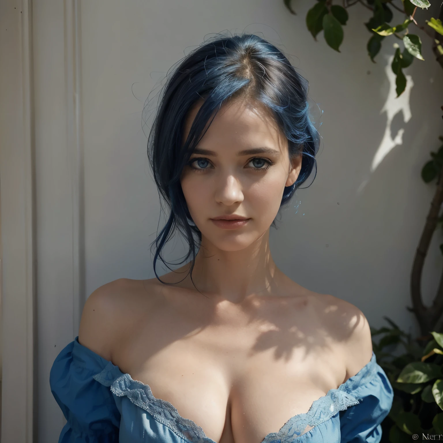 une femme aux cheveux bleus et aux yeux bleus, cheveux bleu clair, belle fille, des yeux azur frappants, photo réaliste, joyeuse, 20 ans, eva green seins