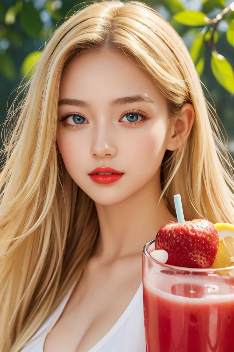 1 girl, (Masterpiece, Detailed background, best quality), Long and shiny hair, blonde hair, sportswear, Beaming, juicy lips, female fruit juice, red lips, perfect eyes,